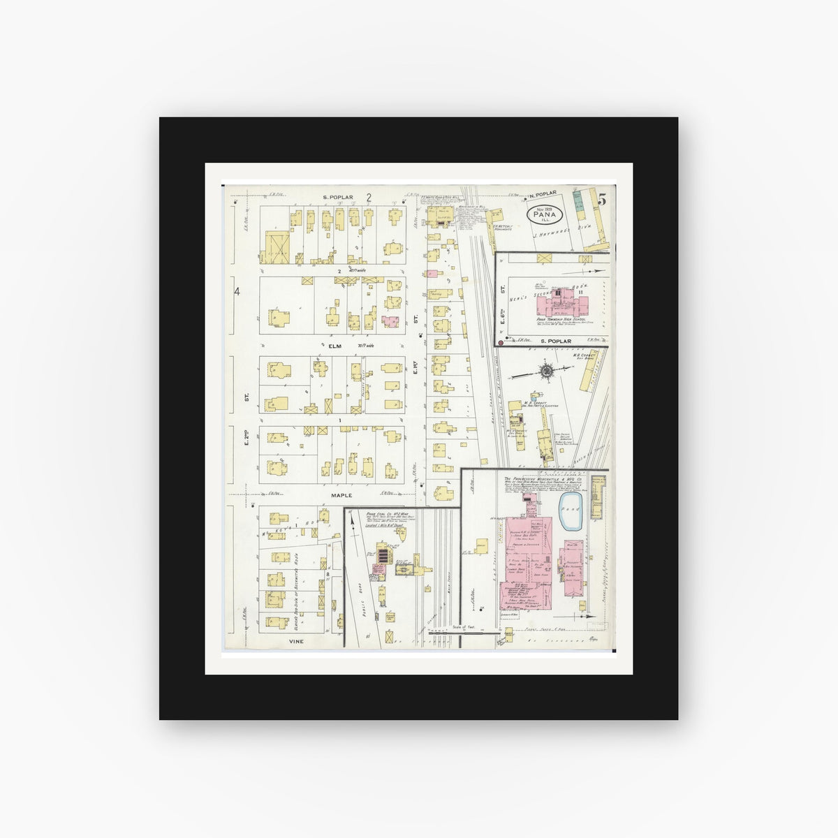 Old map wall art mockup — black gallery frame with white mat — Sanborn Fire Insurance Map from Pana, Christian County, Illinois (1909), Sheet #0005