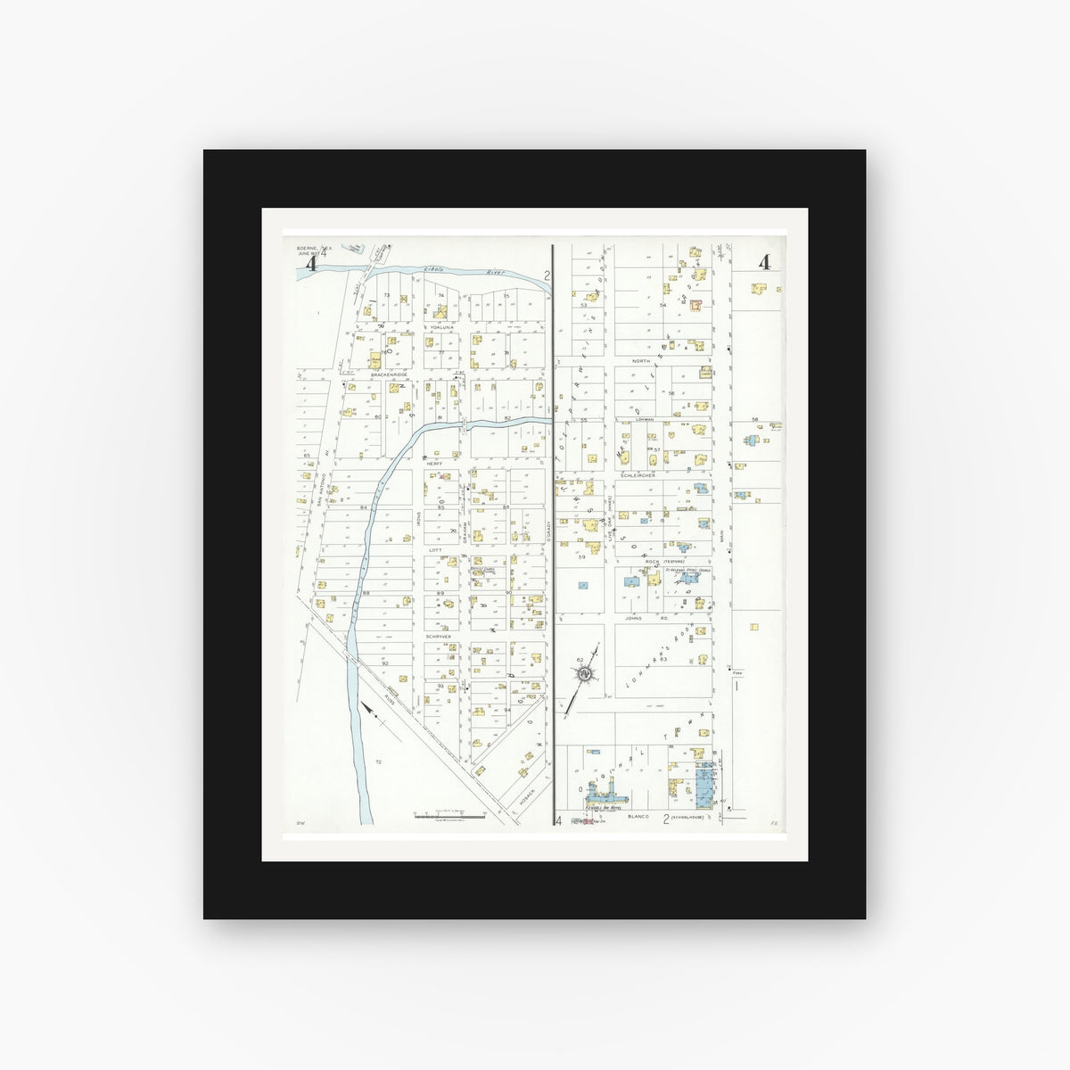 Old map wall art mockup — black gallery frame with white mat — Sanborn Fire Insurance Map from Boerne, Kendall County, Texas (1937), Sheet #0004