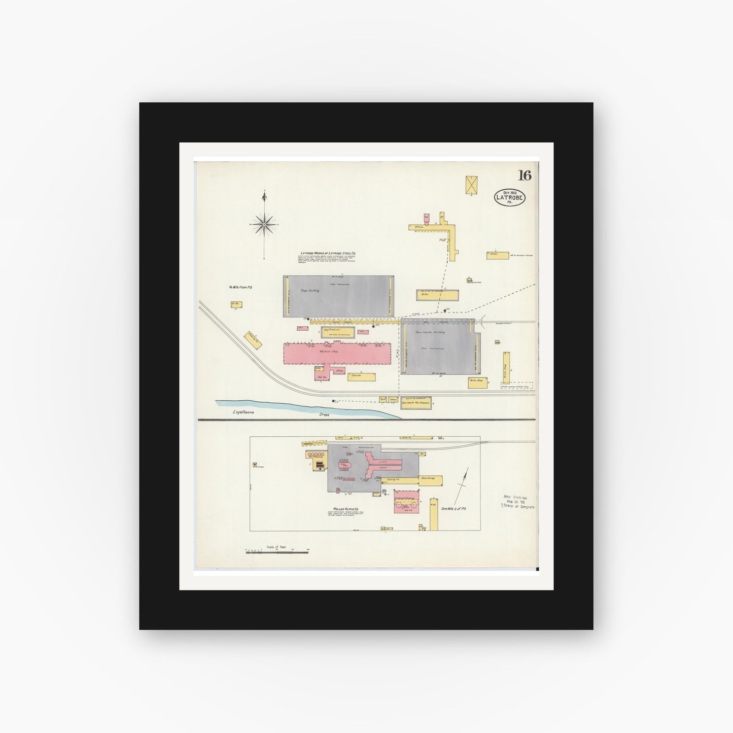 Old map wall art mockup — black gallery frame with white mat — Sanborn Fire Insurance Map from Latrobe, Westmoreland County, Pennsylvania (1903), Sheet #0016