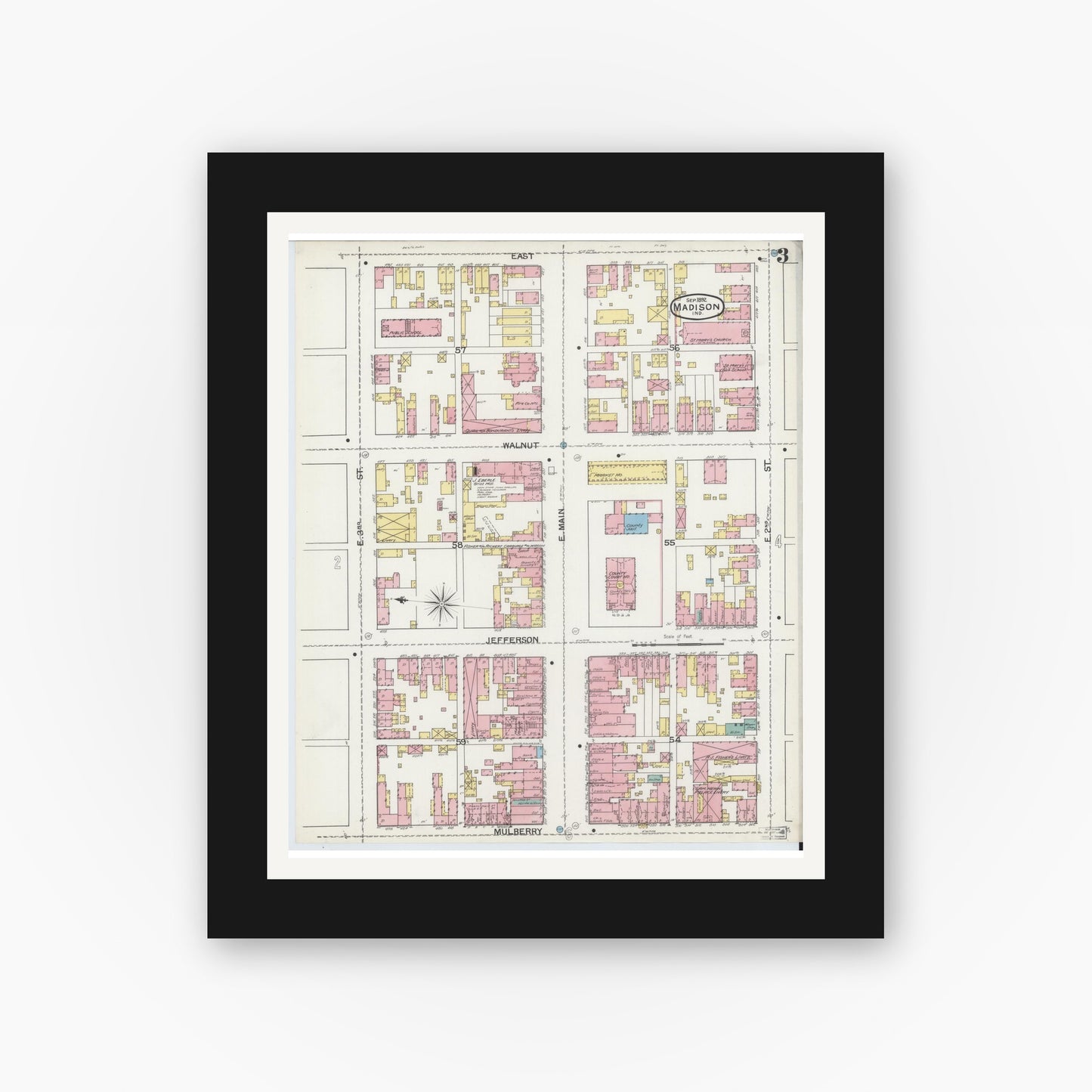 Old map wall art mockup — black gallery frame with white mat — Sanborn Fire Insurance Map from Madison, Jefferson County, Indiana (1892), Sheet #0003