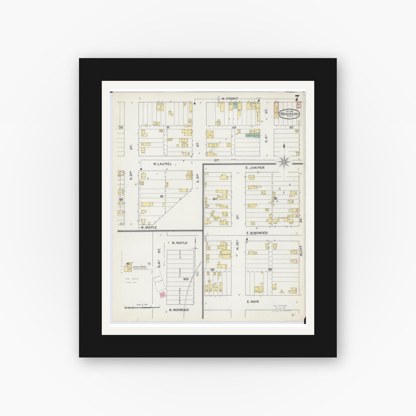 Old map wall art mockup — black gallery frame with white mat — Sanborn Fire Insurance Map from Brainerd, Crow Wing County, Minnesota (1892), Sheet #0007