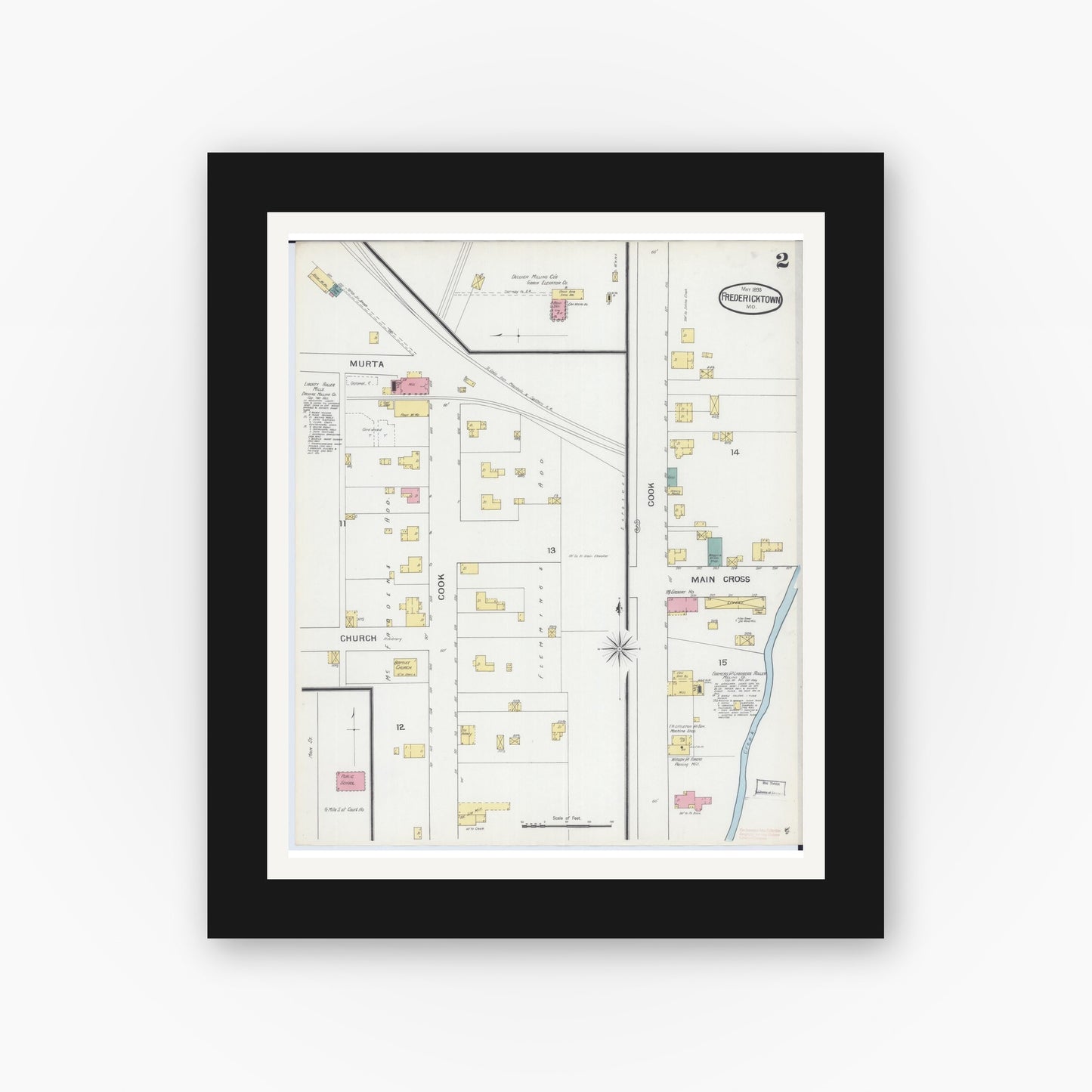 Old map wall art mockup — black gallery frame with white mat — Sanborn Fire Insurance Map from Fredericktown, Madison County, Missouri (1893), Sheet #0002