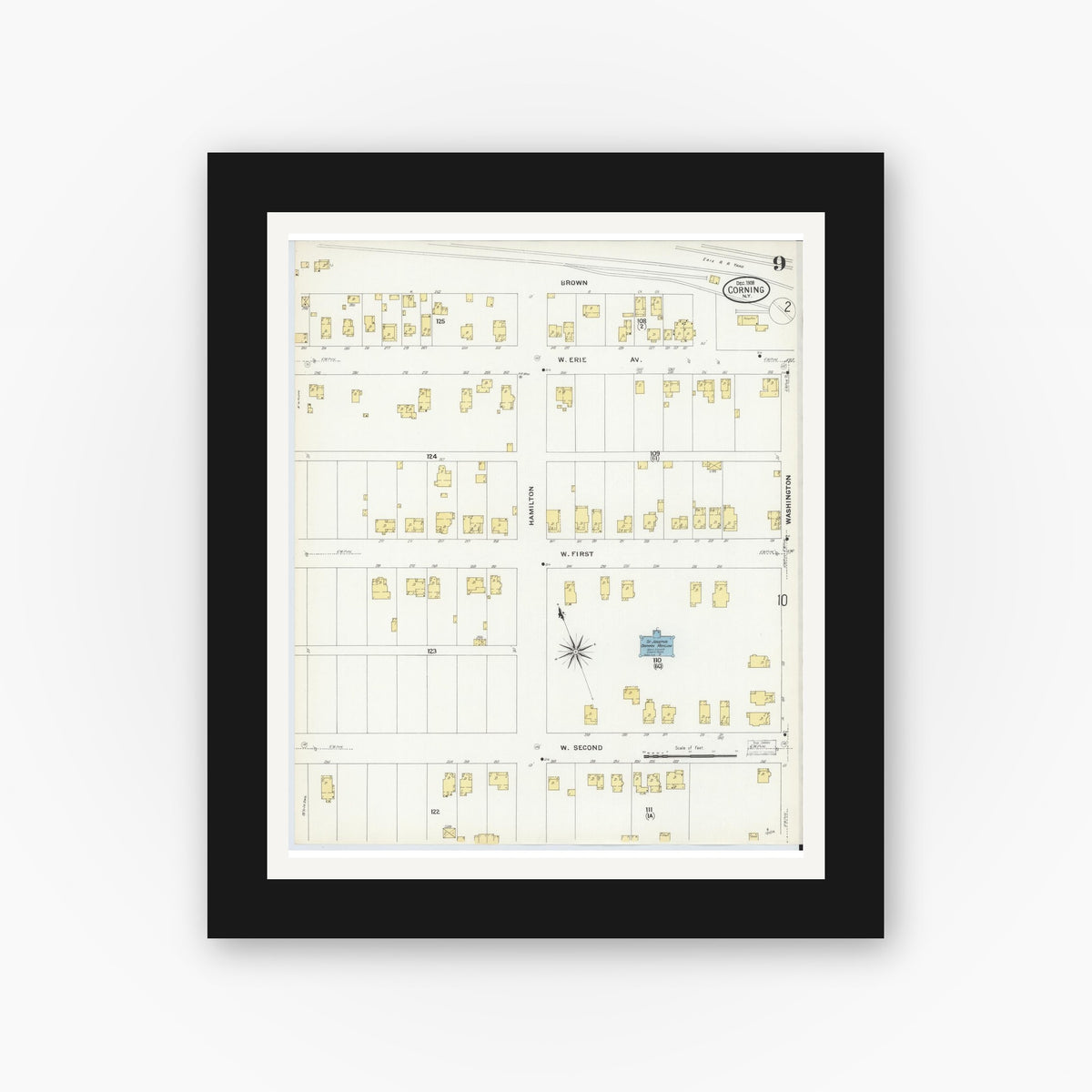 Old map wall art mockup — black gallery frame with white mat — Sanborn Fire Insurance Map from Corning, Steuben County, New York (1908), Sheet #0009