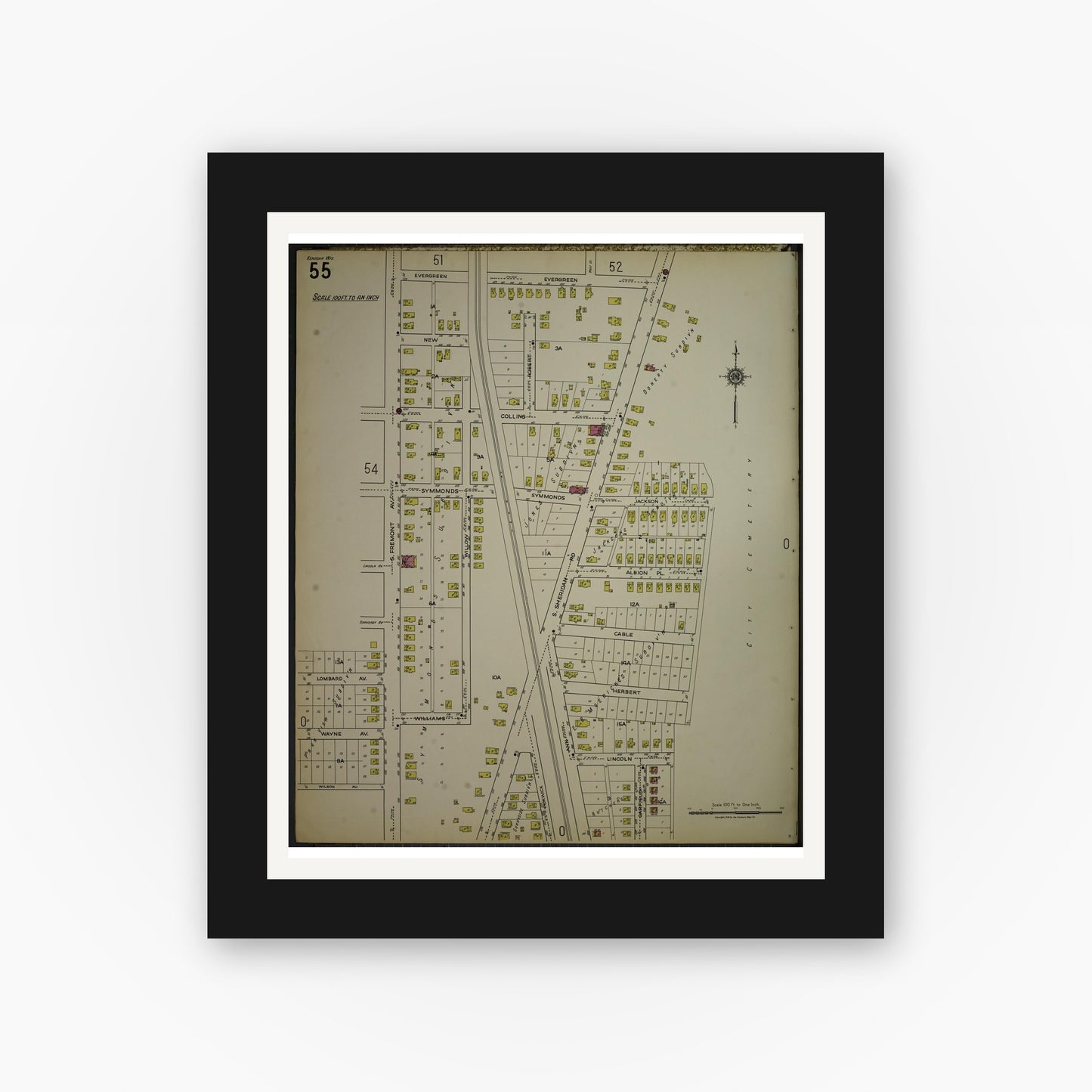 Old map wall art mockup — black gallery frame with white mat — Sanborn Fire Insurance Map from Kenosha, Kenosha County, Wisconsin. (1918), Sheet 59