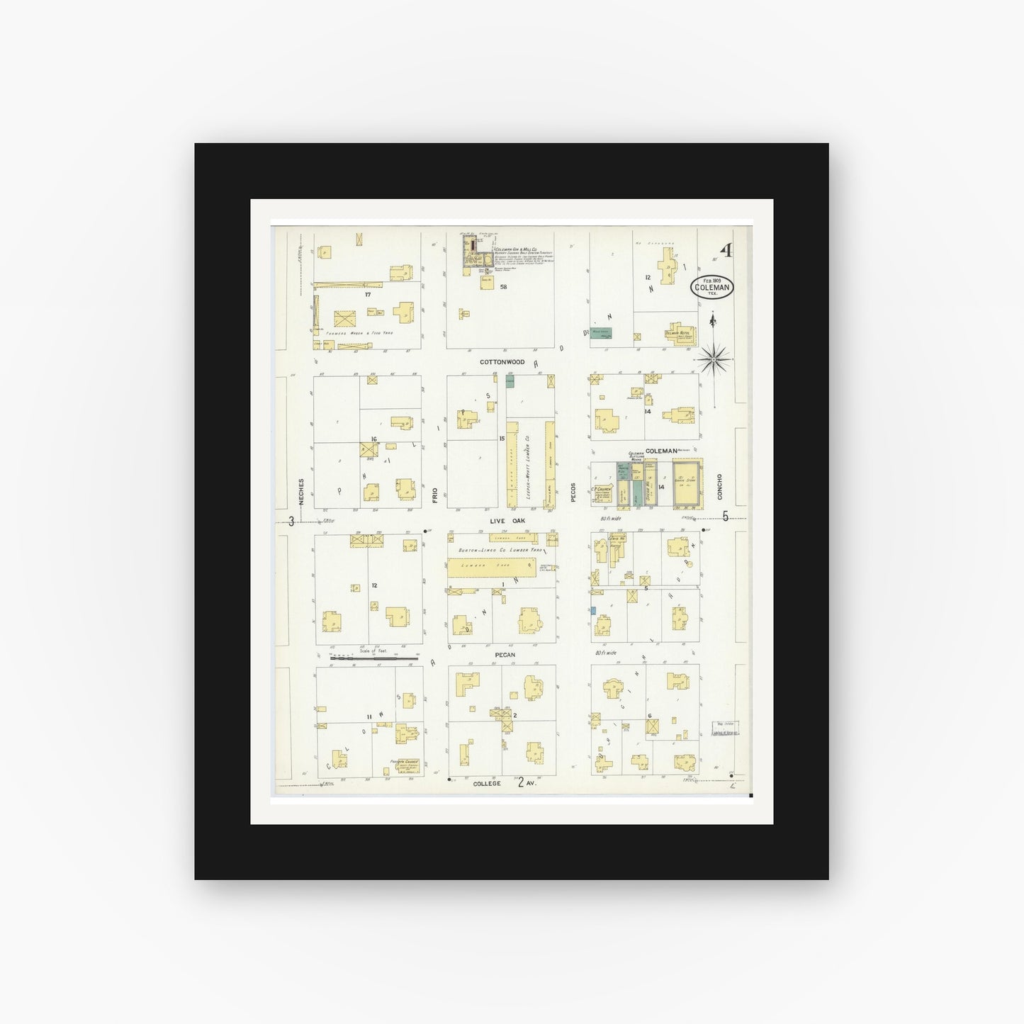 Old map wall art mockup — black gallery frame with white mat — Sanborn Fire Insurance Map from Coleman, Coleman County, Texas (1909), Sheet #0004