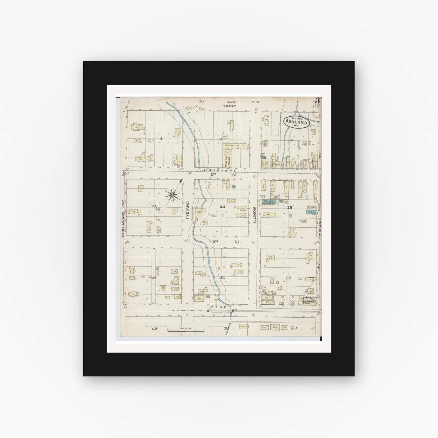 Old map wall art mockup — black gallery frame with white mat — Sanborn Fire Insurance Map from Ashland, Ashland County, Wisconsin (1886), Sheet #0003