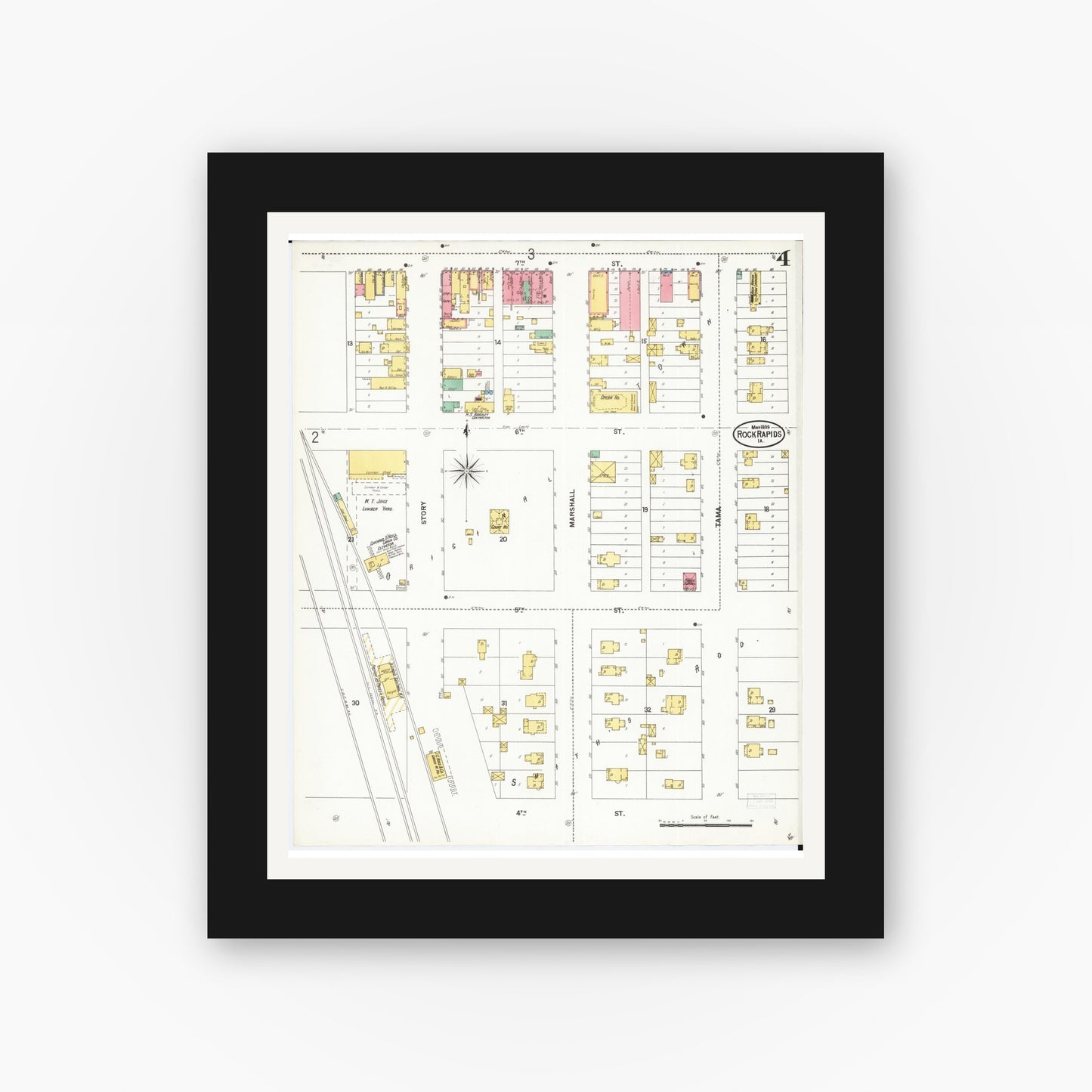 Old map wall art mockup — black gallery frame with white mat — Sanborn Fire Insurance Map from Rock Rapids, Lyon County, Iowa (1899), Sheet #0004