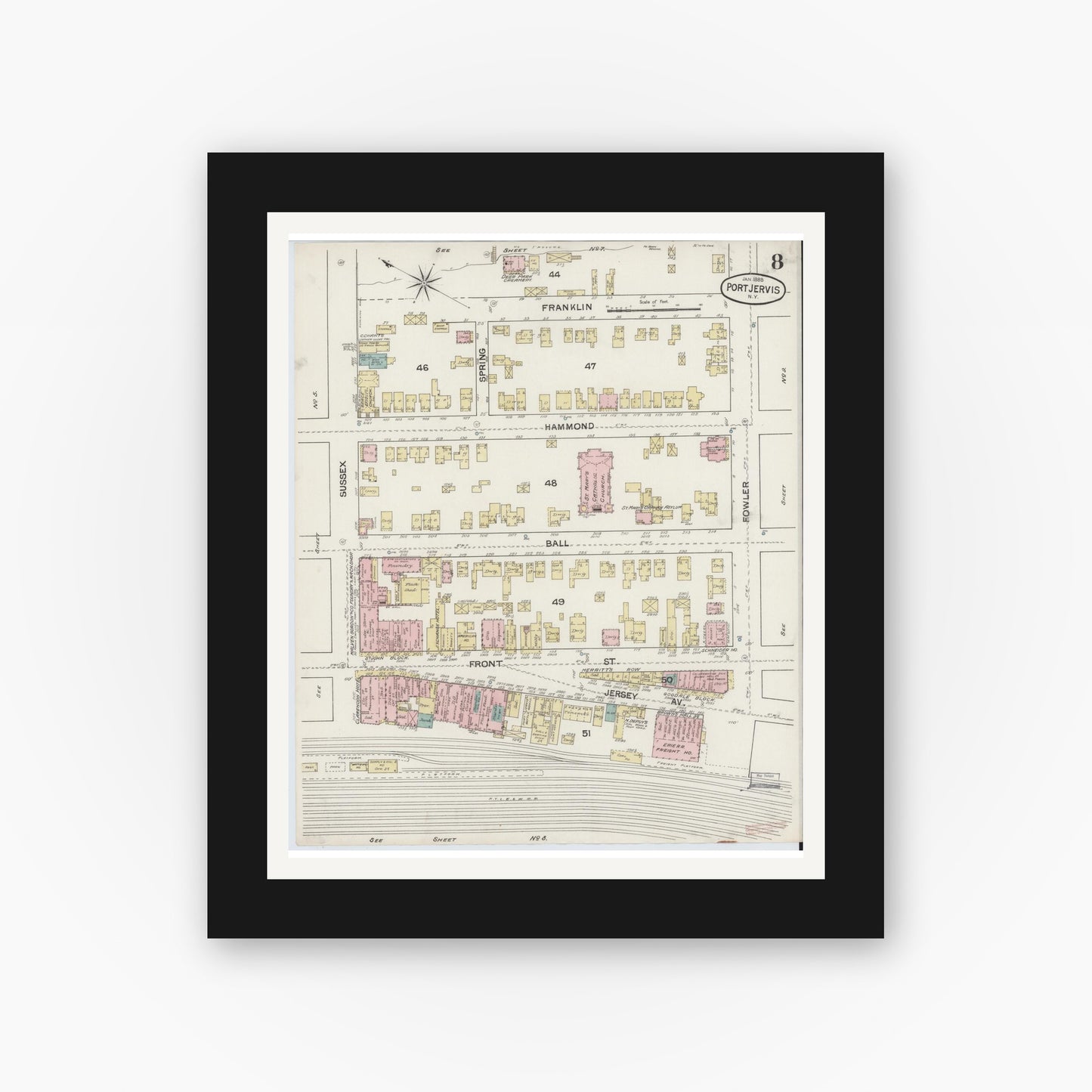Old map wall art mockup — black gallery frame with white mat — Sanborn Fire Insurance Map from Port Jervis, Orange County, New York (1888), Sheet #0008