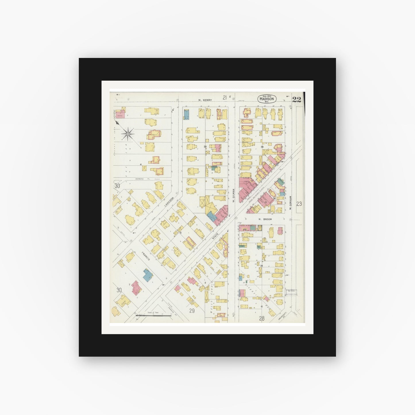Old map wall art mockup — black gallery frame with white mat — Sanborn Fire Insurance Map from Madison, Dane County, Wisconsin (1902), Sheet #0022