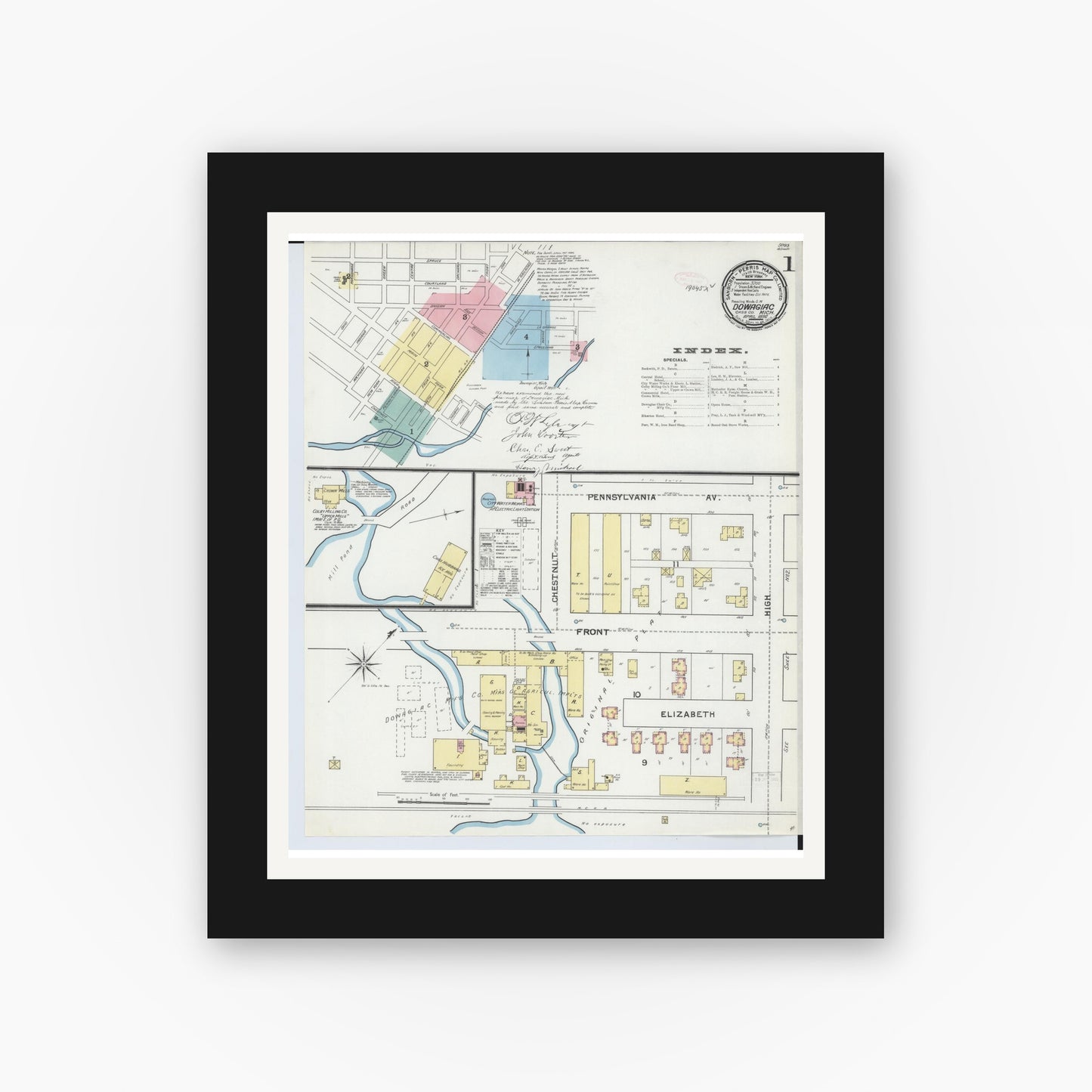 Old map wall art mockup — black gallery frame with white mat — Sanborn Fire Insurance Map from Dowagiac, Cass County, Michigan (1892), Sheet #0001