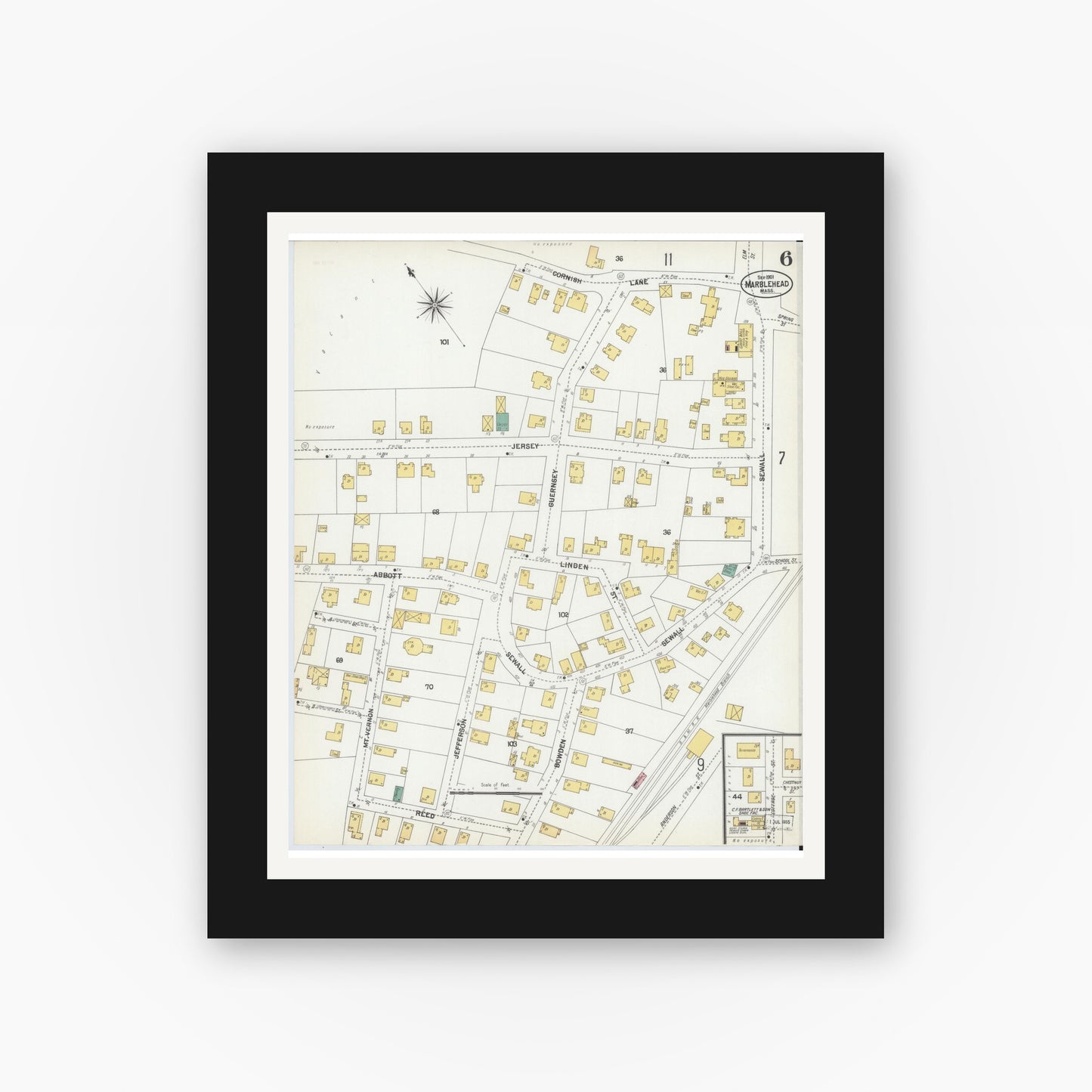 Old map wall art mockup — black gallery frame with white mat — Sanborn Fire Insurance Map from Marblehead, Essex County, Massachusetts (1901), Sheet #0006