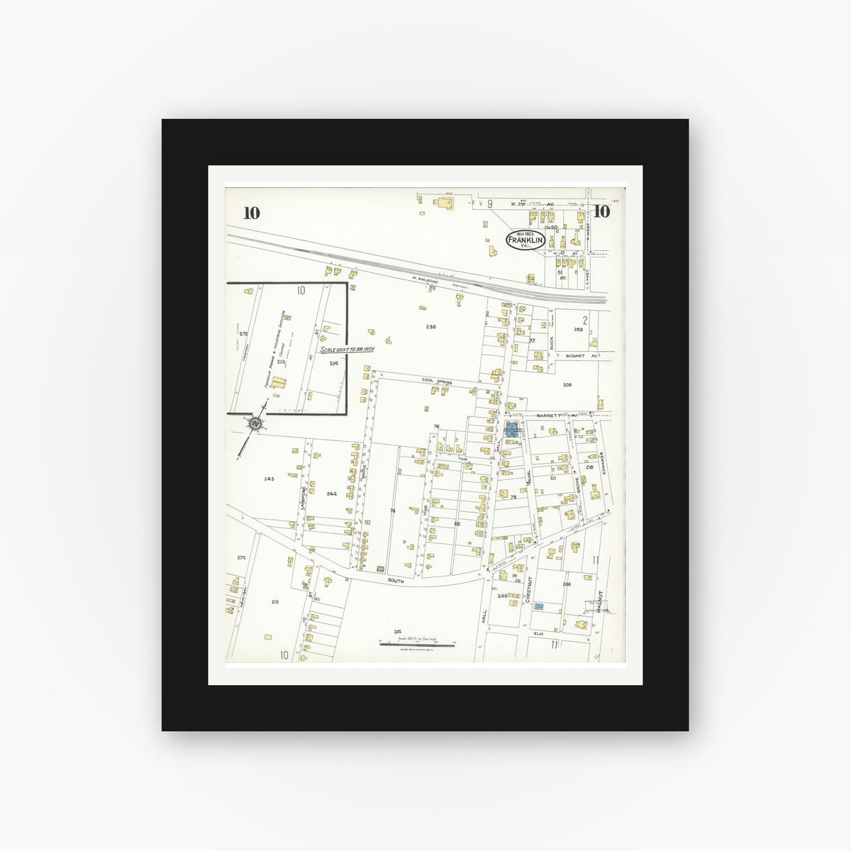 Old map wall art mockup — black gallery frame with white mat — Sanborn Fire Insurance Map from Franklin, Independent Cities, Virginia (1923), Sheet #0010