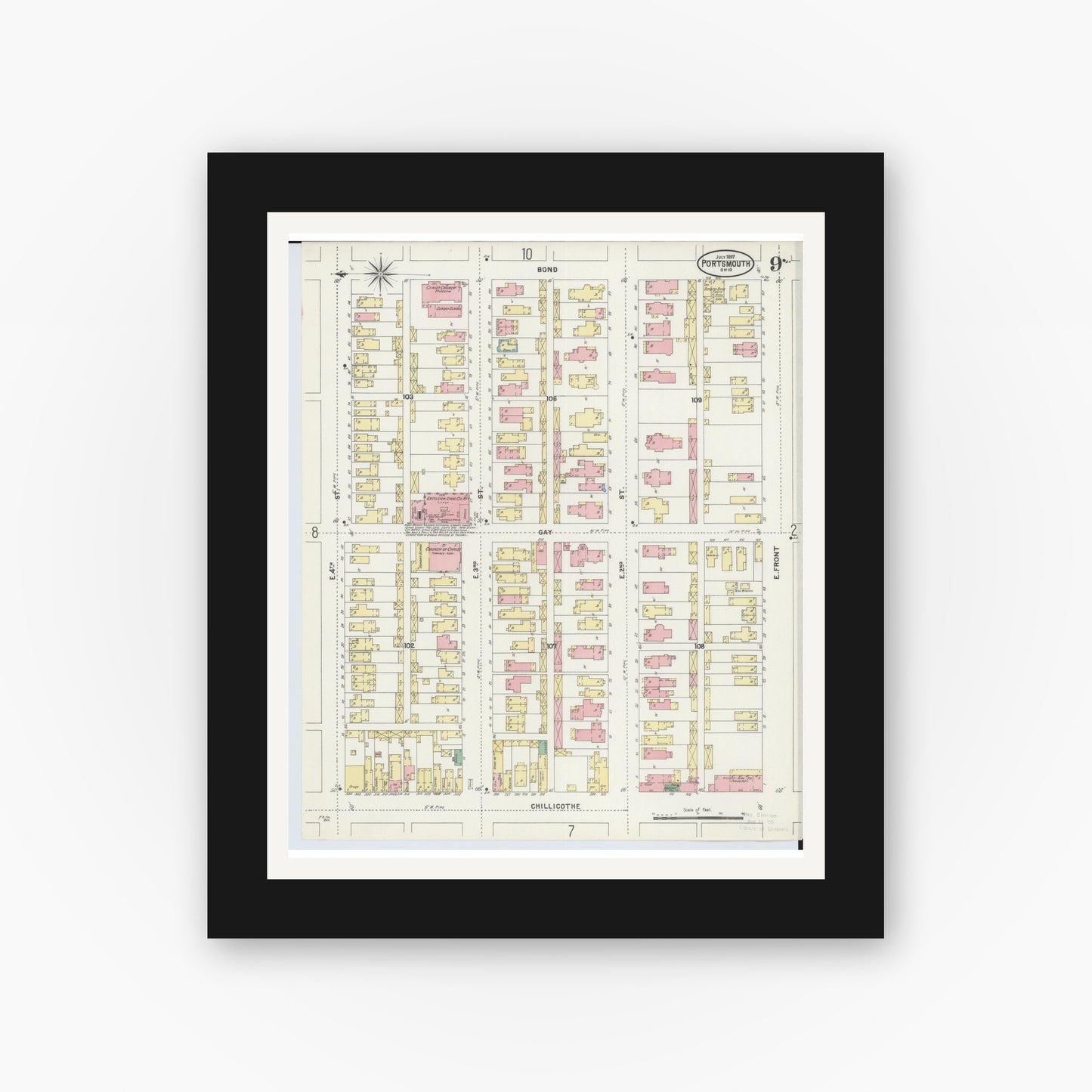 Old map wall art mockup — black gallery frame with white mat — Sanborn Fire Insurance Map from Portsmouth, Scioto County, Ohio (1897), Sheet #0009
