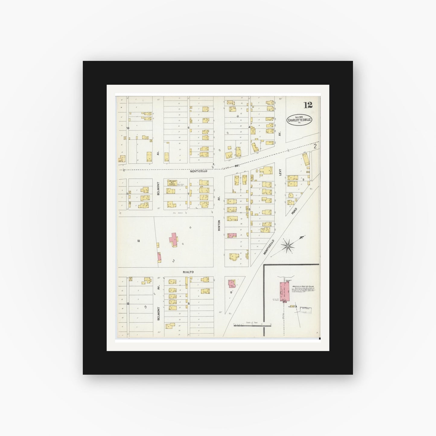Old map wall art mockup — black gallery frame with white mat — Sanborn Fire Insurance Map from Charlottesville, Independent Cities, Virginia (1902), Sheet #0012