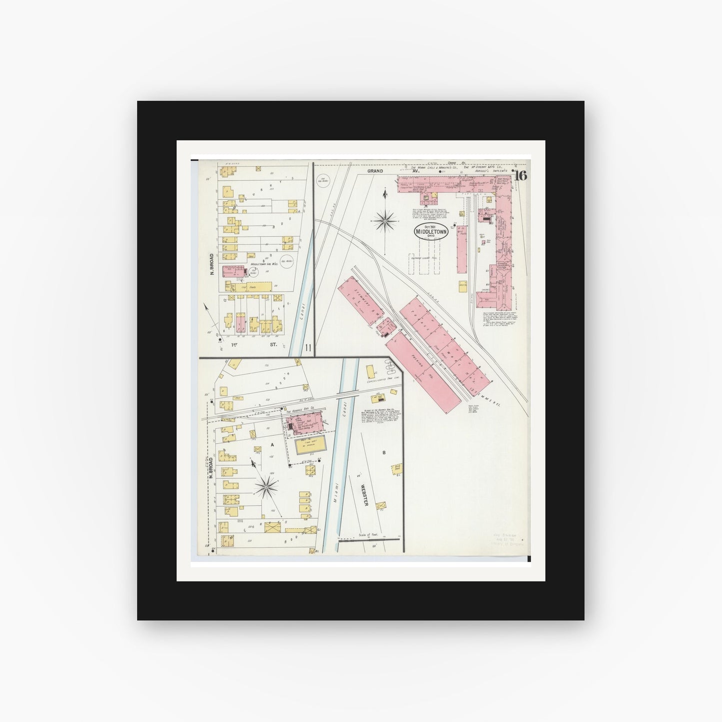Old map wall art mockup — black gallery frame with white mat — Sanborn Fire Insurance Map from Middletown, Butler County, Ohio (1901), Sheet #0016