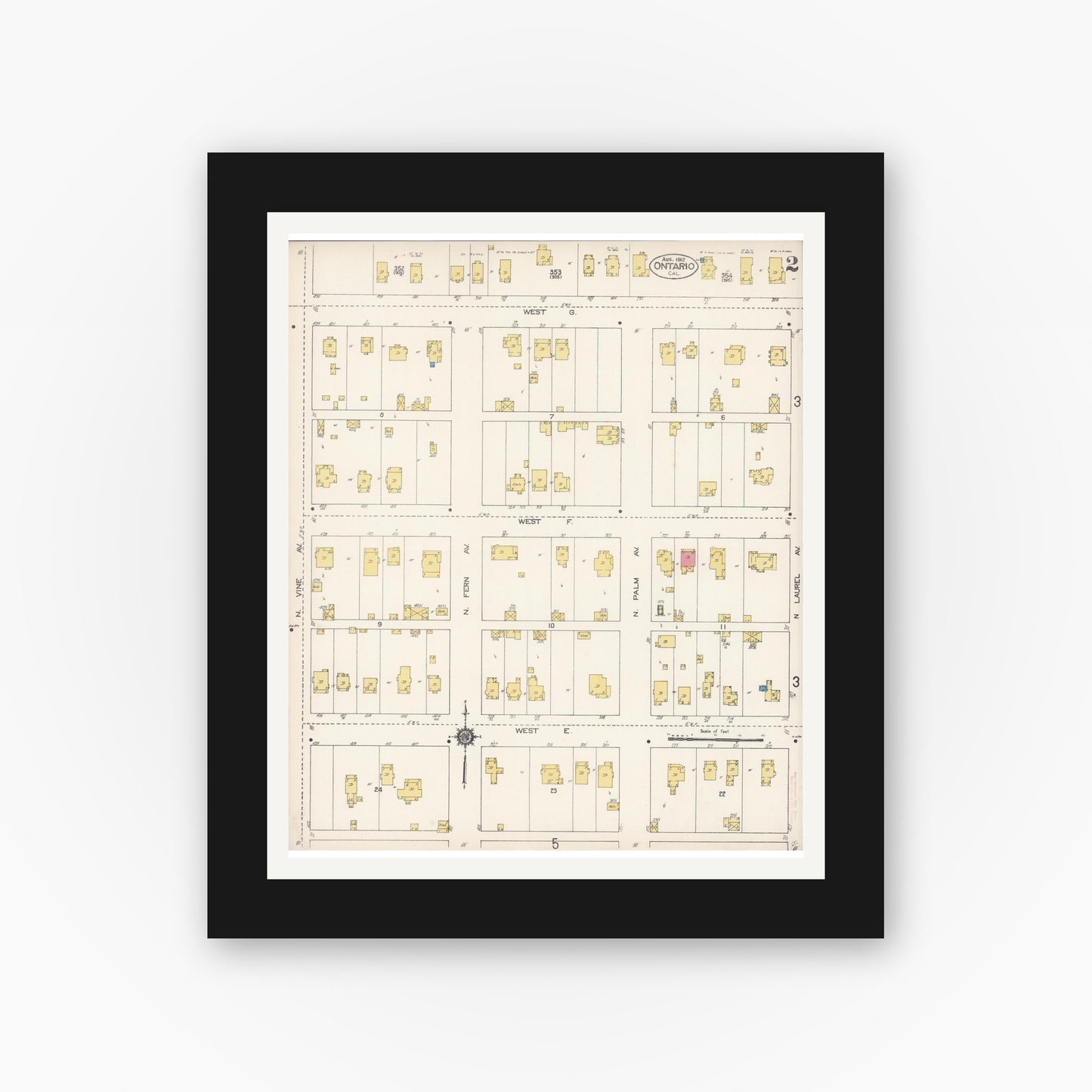 Old map wall art mockup — black gallery frame with white mat — Sanborn Fire Insurance Map from Ontario, San Bernardino County, California (1912), Sheet #0002