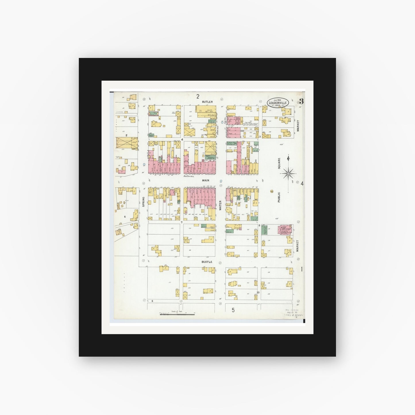 Old map wall art mockup — black gallery frame with white mat — Sanborn Fire Insurance Map from Loudonville, Ashland County, Ohio (1900), Sheet #0003
