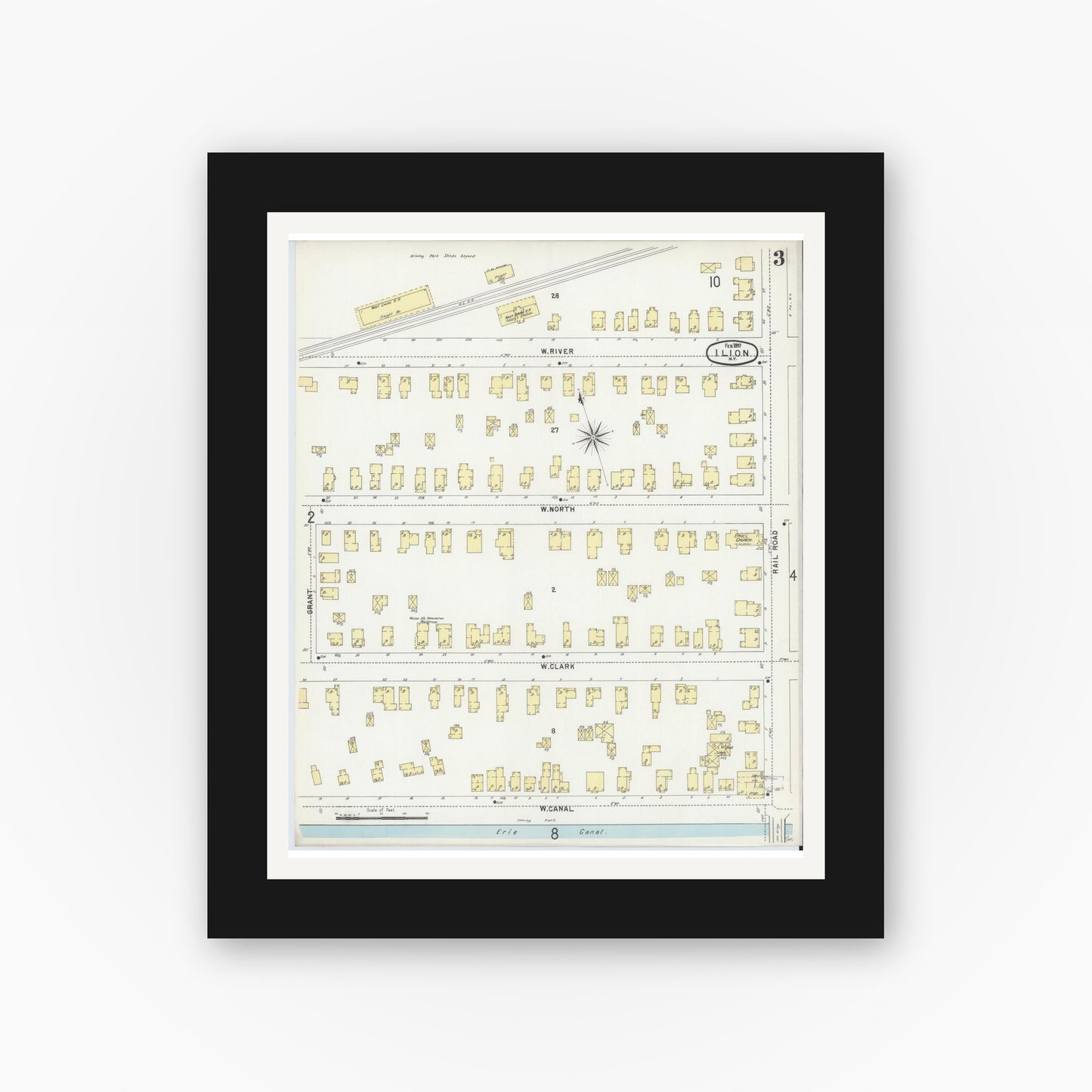 Old map wall art mockup — black gallery frame with white mat — Sanborn Fire Insurance Map from Ilion, Herkimer County, New York (1897), Sheet #0003