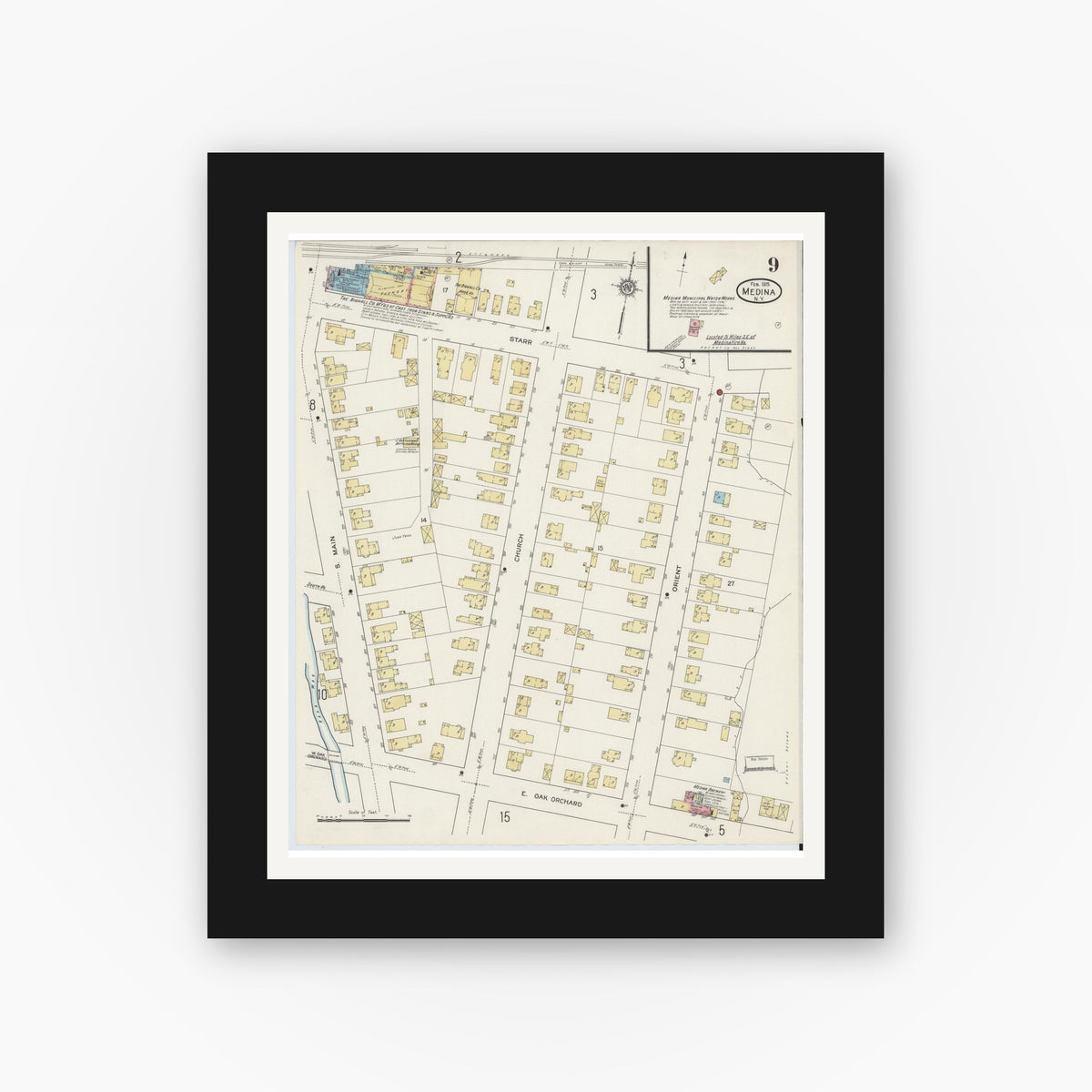Old map wall art mockup — black gallery frame with white mat — Sanborn Fire Insurance Map from Medina, Orleans County, New York (1915), Sheet #0009