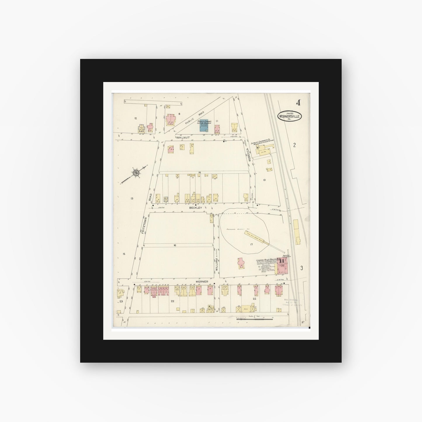 Old map wall art mockup — black gallery frame with white mat — Sanborn Fire Insurance Map from Wernersville, Berks County, Pennsylvania (1914), Sheet #0004
