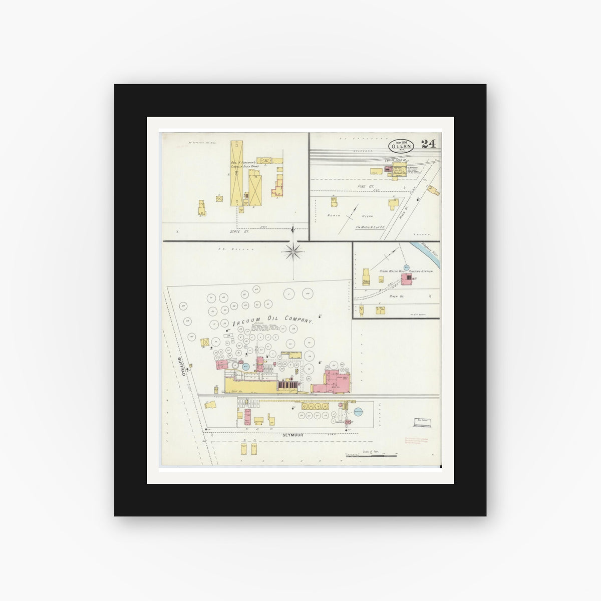 Old map wall art mockup — black gallery frame with white mat — Sanborn Fire Insurance Map from Olean, Cattaraugus County, New York (1898), Sheet #0024