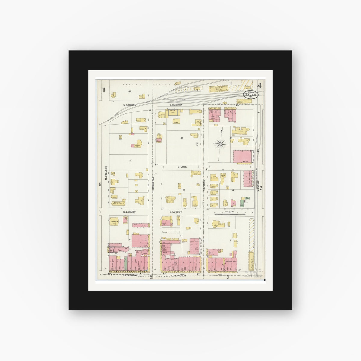 Old map wall art mockup — black gallery frame with white mat — Sanborn Fire Insurance Map from Tyler, Smith County, Texas (1898), Sheet #0004