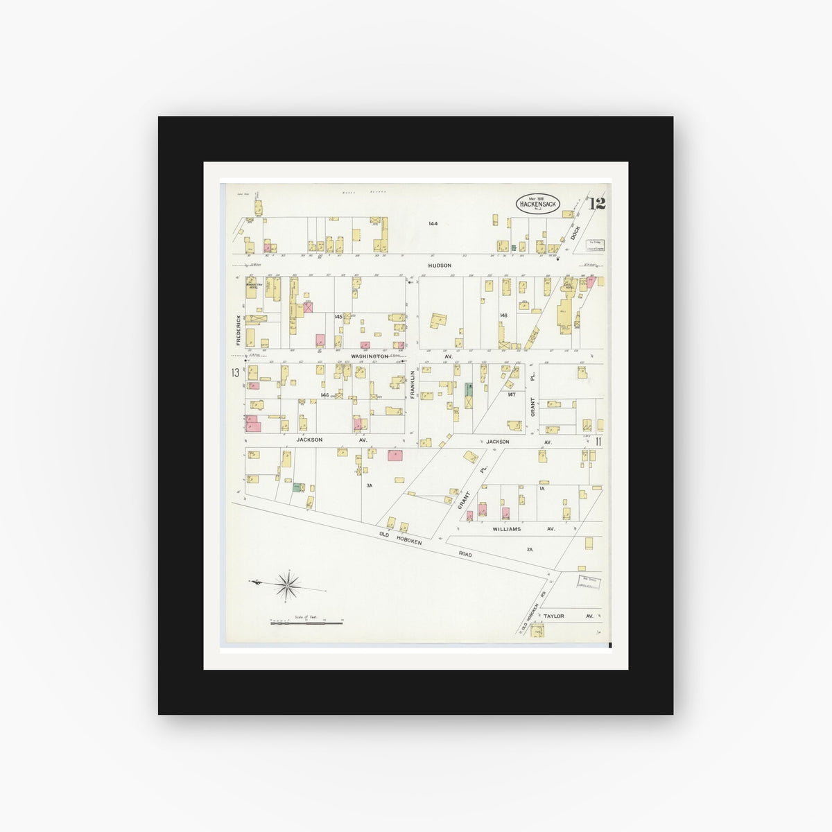 Old map wall art mockup — black gallery frame with white mat — Sanborn Fire Insurance Map from Hackensack, Bergen County, New Jersey (1908), Sheet #0012