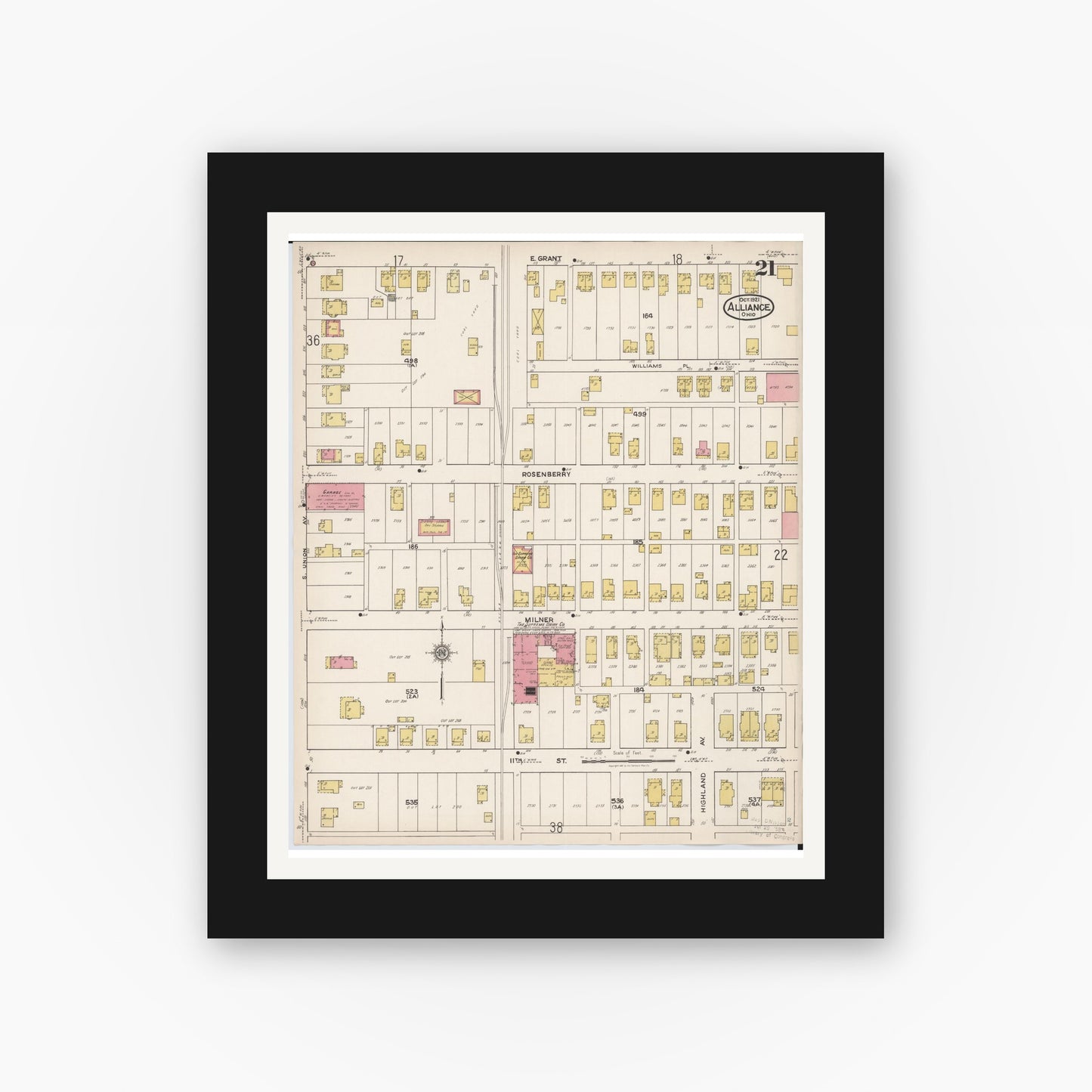Old map wall art mockup — black gallery frame with white mat — Sanborn Fire Insurance Map from Alliance, Stark County, Ohio (1921), Sheet #0021