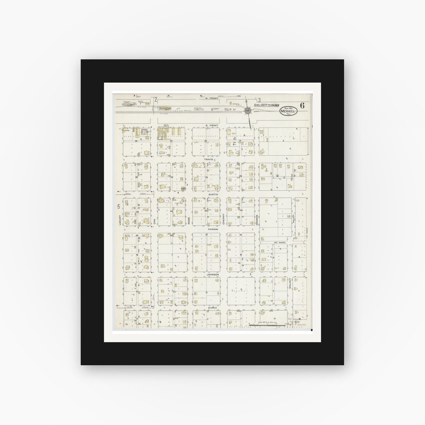 Old map wall art mockup — black gallery frame with white mat — Sanborn Fire Insurance Map from Merkel, Taylor County, Texas (1914), Sheet #0006