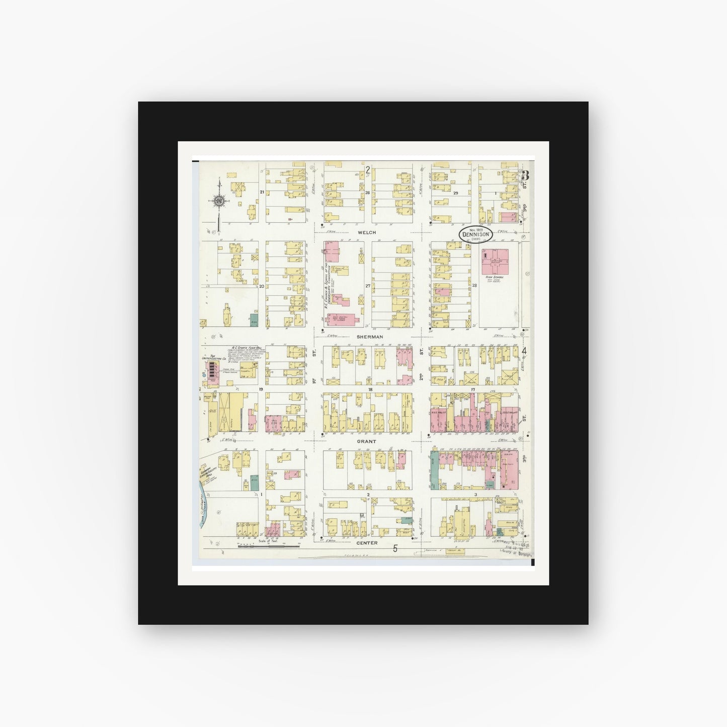 Old map wall art mockup — black gallery frame with white mat — Sanborn Fire Insurance Map from Dennison, Tuscarawas County, Ohio (1909), Sheet #0003