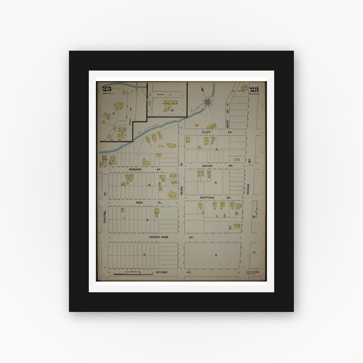 Old map wall art mockup — black gallery frame with white mat — Sanborn Fire Insurance Map from New Jersey Coast, New Jersey Coast, New Jersey (1890), Sheet #0023