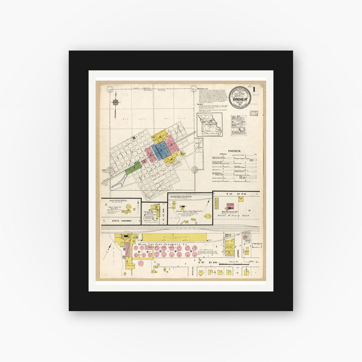 Old map wall art mockup — black gallery frame with white mat — Sanborn Fire Insurance Map from Vandalia, Audrain County, Missouri (1917), Sheet #0001