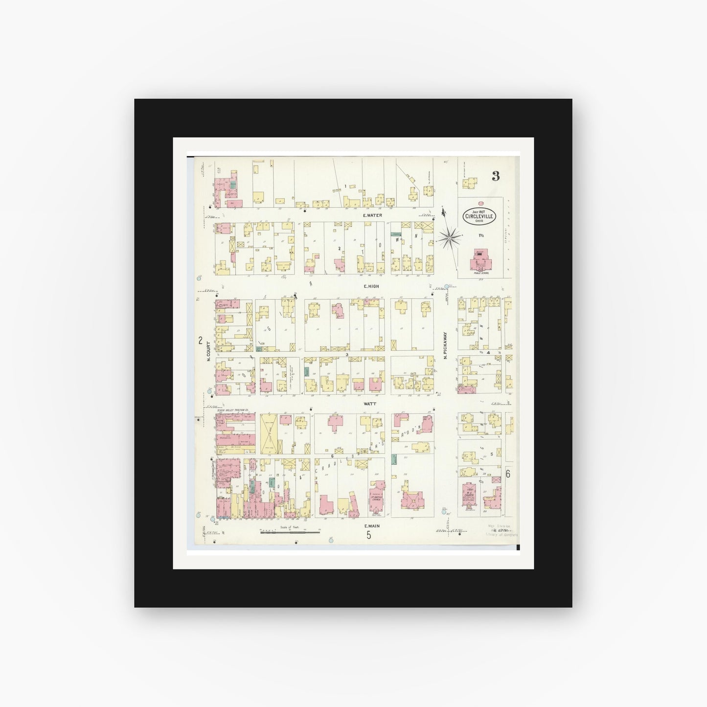 Old map wall art mockup — black gallery frame with white mat — Sanborn Fire Insurance Map from Circleville, Pickaway County, Ohio (1907), Sheet #0003