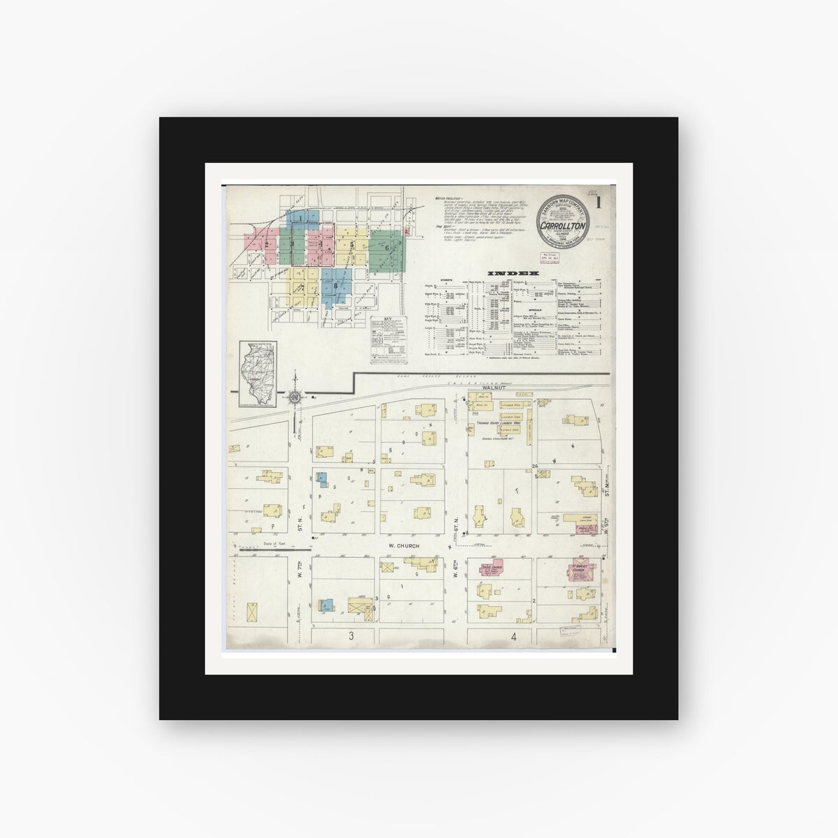 Old map wall art mockup — black gallery frame with white mat — Sanborn Fire Insurance Map from Carrollton, Greene County, Illinois (1914) - Complete Map Set