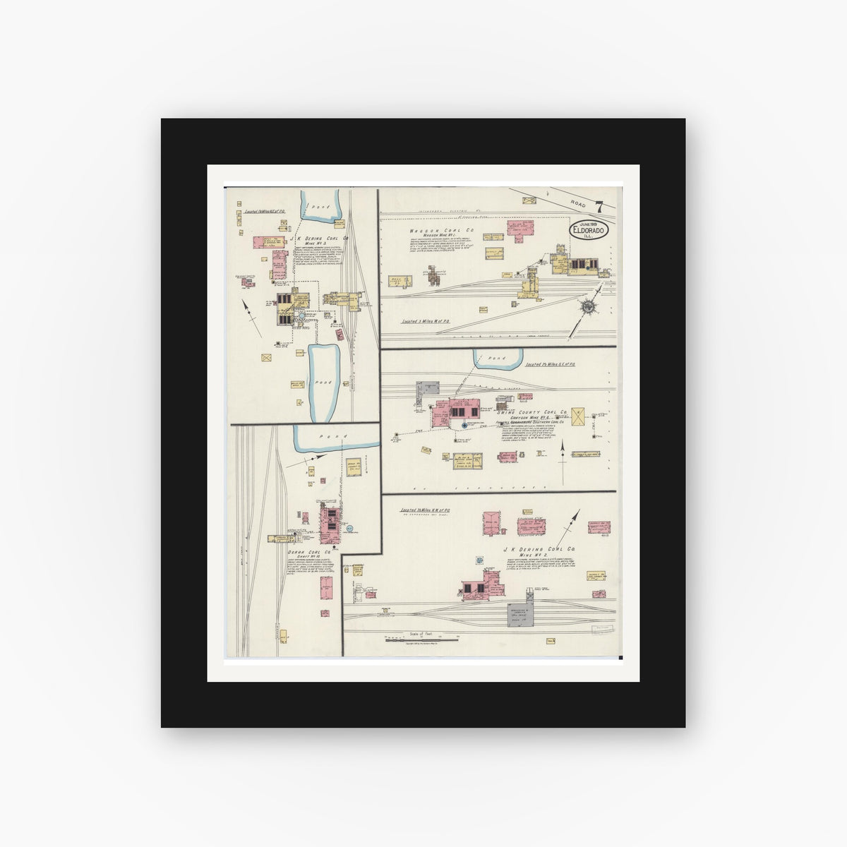 Old map wall art mockup — black gallery frame with white mat — Sanborn Fire Insurance Map from Eldorado, Saline County, Illinois (1919), Sheet #0007