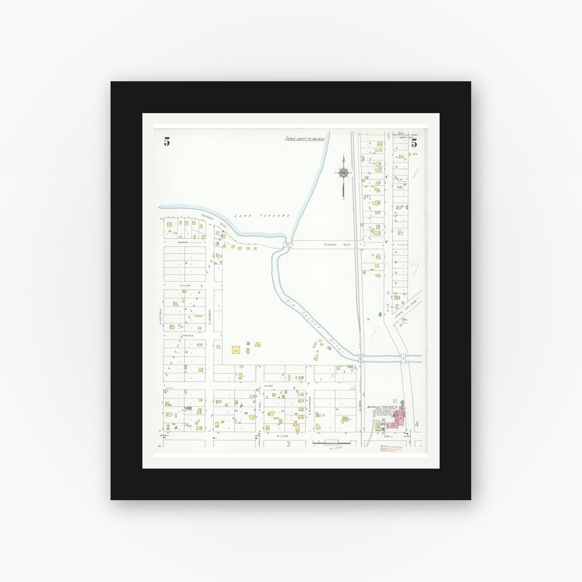 Old map wall art mockup — black gallery frame with white mat — Sanborn Fire Insurance Map from Waterville, Le Sueur County, Minnesota (1937), Sheet #0005