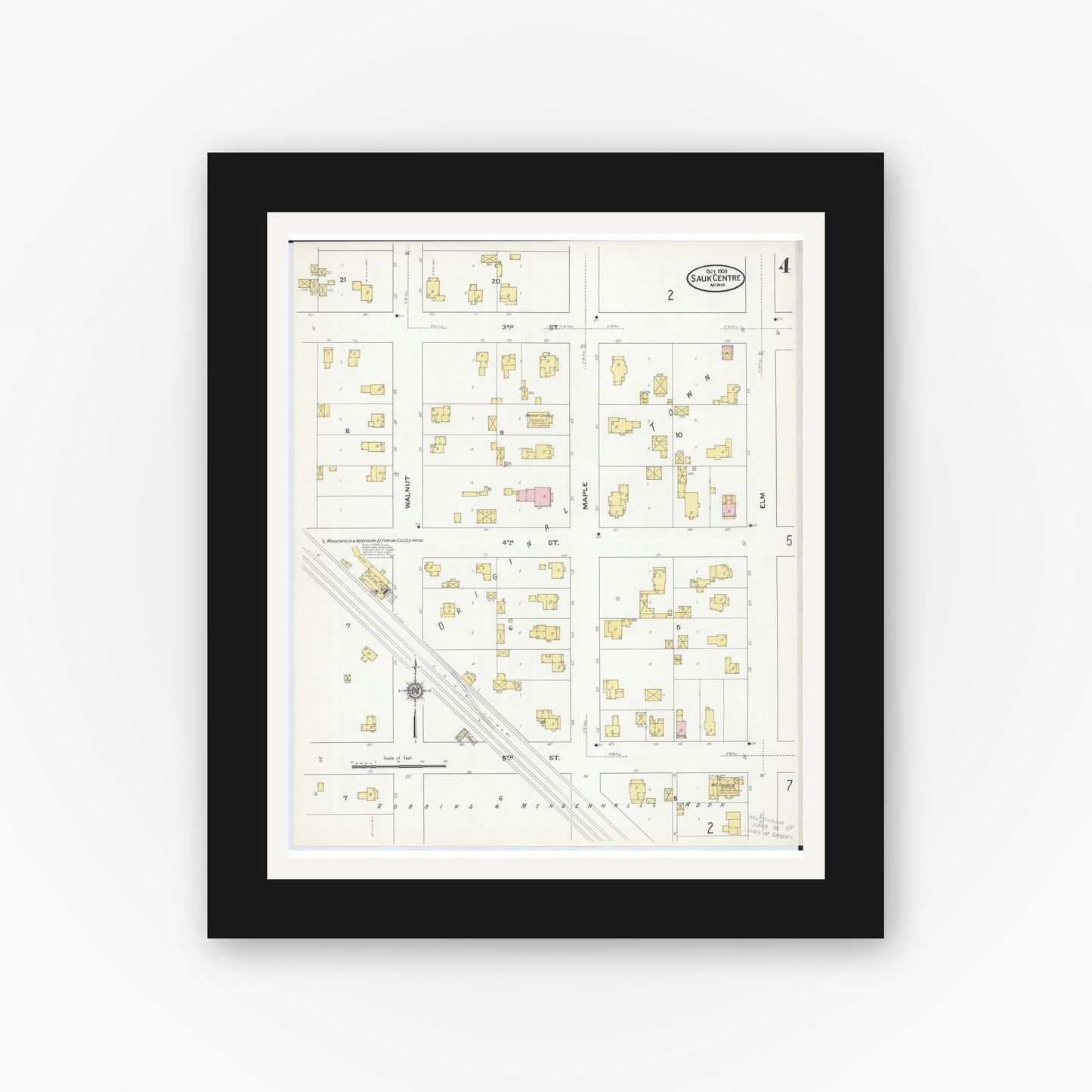 Old map wall art mockup — black gallery frame with white mat — Sanborn Fire Insurance Map from Sauk Centre, Stearns County, Minnesota (1909), Sheet #0004