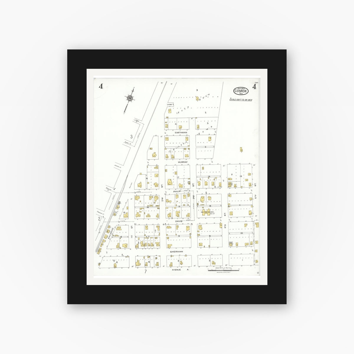 Old map wall art mockup — black gallery frame with white mat — Sanborn Fire Insurance Map from Conroe, Montgomery County, Texas (1923), Sheet #0004