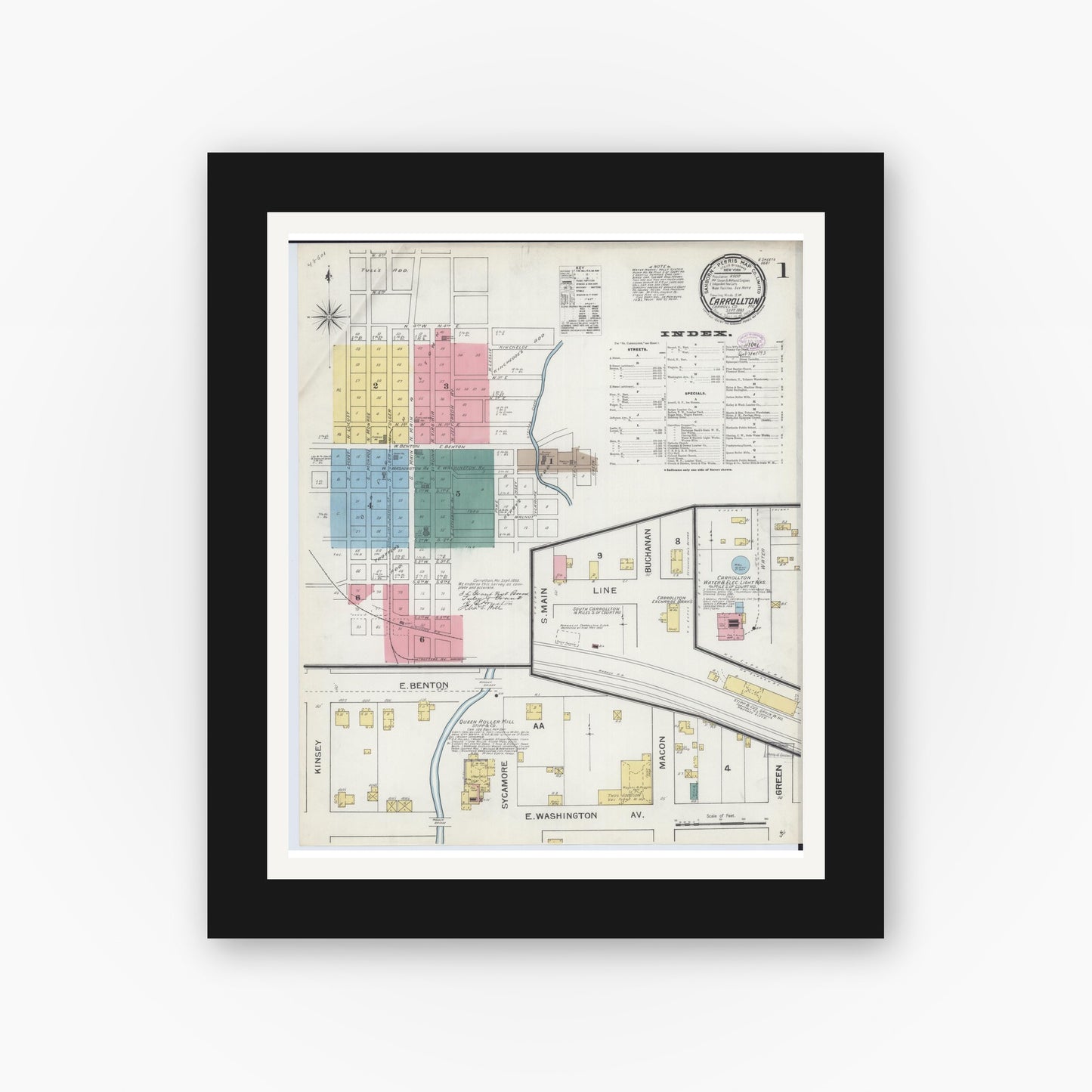 Old map wall art mockup — black gallery frame with white mat — Sanborn Fire Insurance Map from Carrollton, Carroll County, Missouri (1893) - Complete Map Set