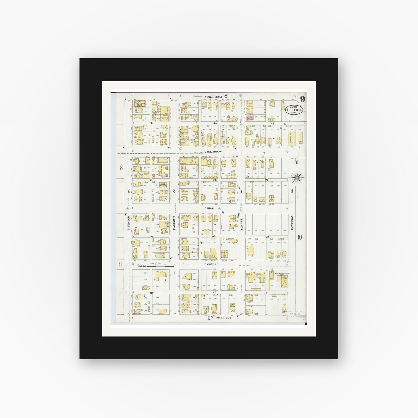 Old map wall art mockup — black gallery frame with white mat — Sanborn Fire Insurance Map from Alliance, Stark County, Ohio (1904), Sheet #0009