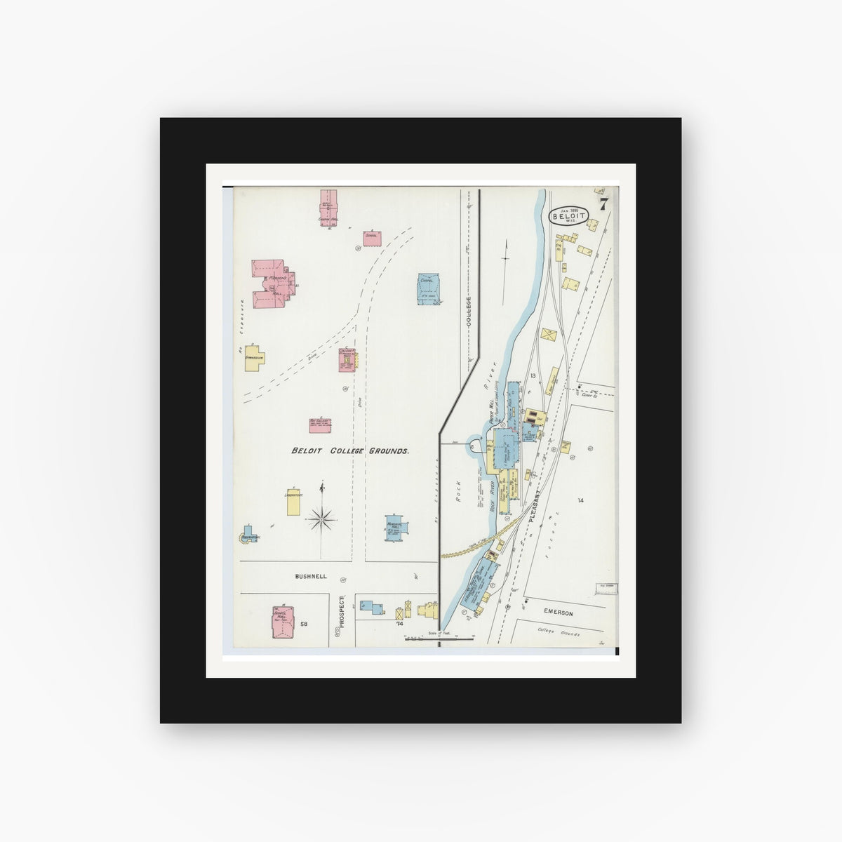 Old map wall art mockup — black gallery frame with white mat — Sanborn Fire Insurance Map from Beloit, Rock County, Wisconsin (1895), Sheet #0007