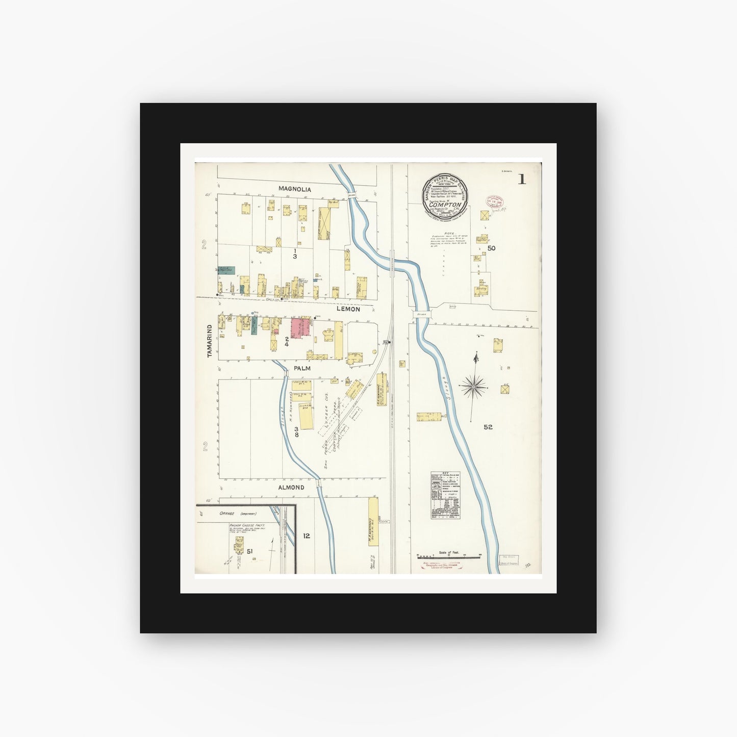 Old map wall art mockup — black gallery frame with white mat — Sanborn Fire Insurance Map from Compton, Los Angeles County, California (1895), Sheet #0001