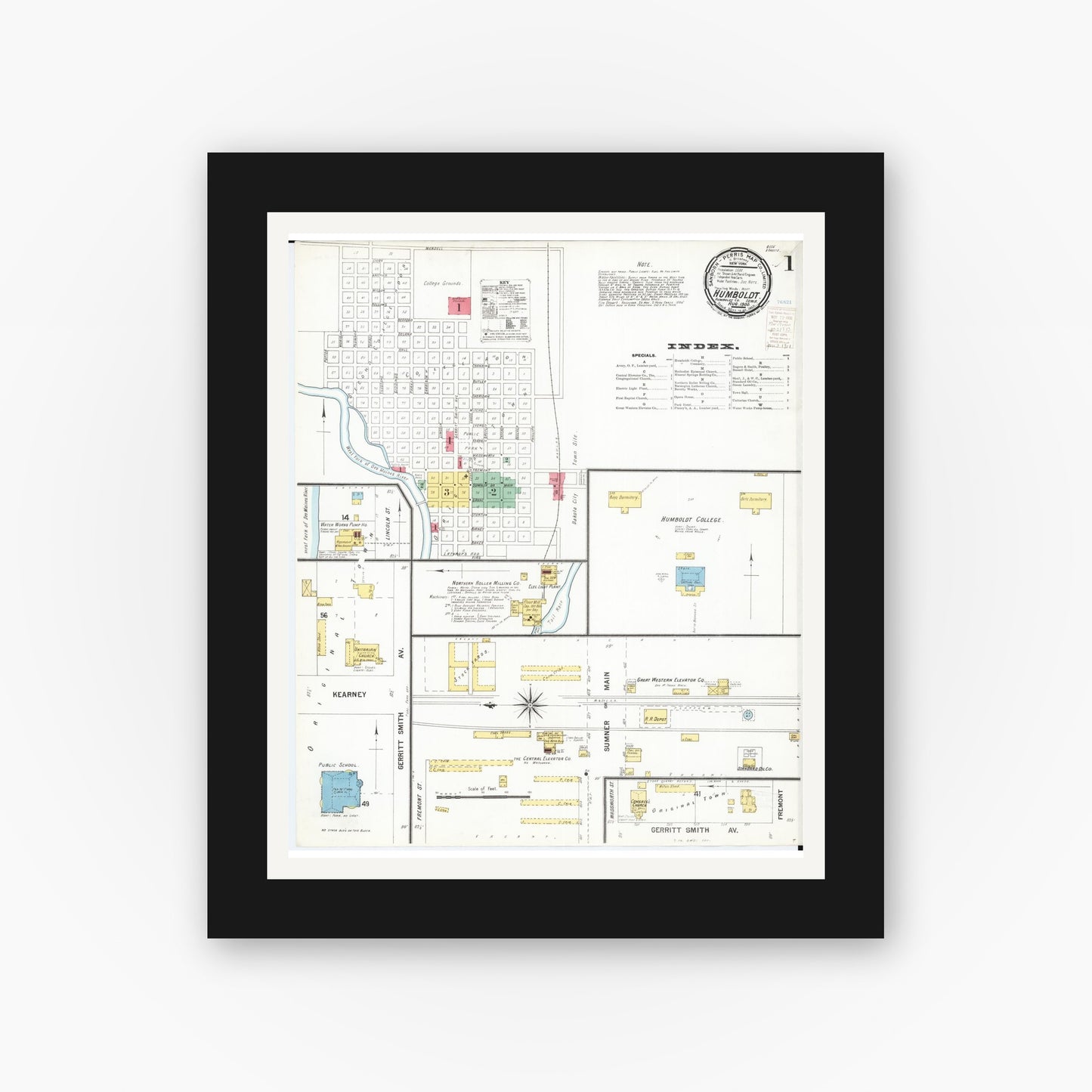 Old map wall art mockup — black gallery frame with white mat — Sanborn Fire Insurance Map from Humboldt, Humboldt County, Iowa (1900) — Complete Set