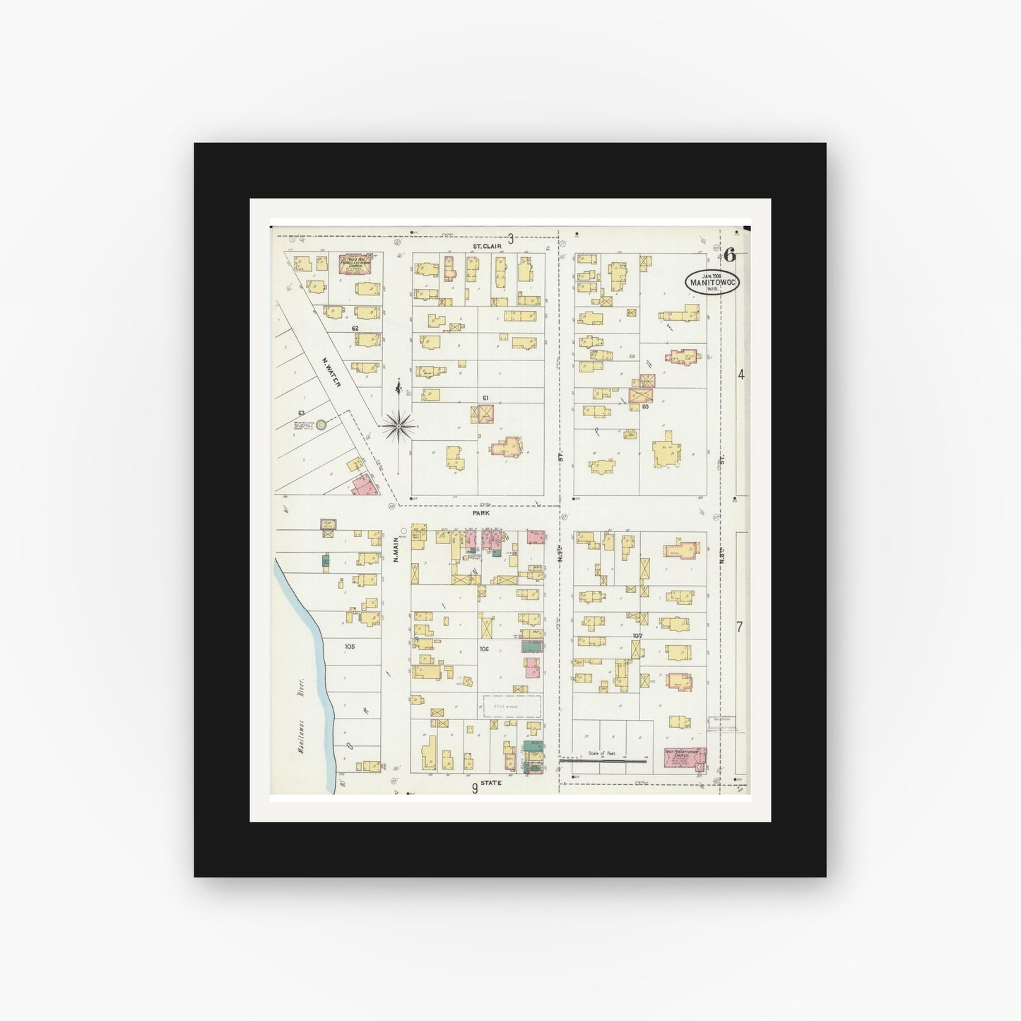 Old map wall art mockup — black gallery frame with white mat — Sanborn Fire Insurance Map from Manitowoc, Manitowoc County, Wisconsin (1906), Sheet #0006
