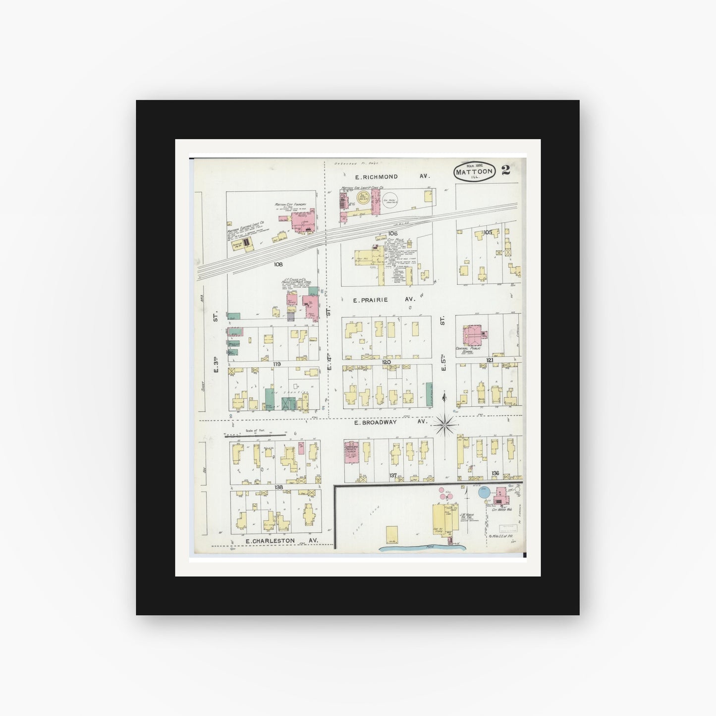 Old map wall art mockup — black gallery frame with white mat — Sanborn Fire Insurance Map from Mattoon, Coles County, Illinois (1892), Sheet #0002