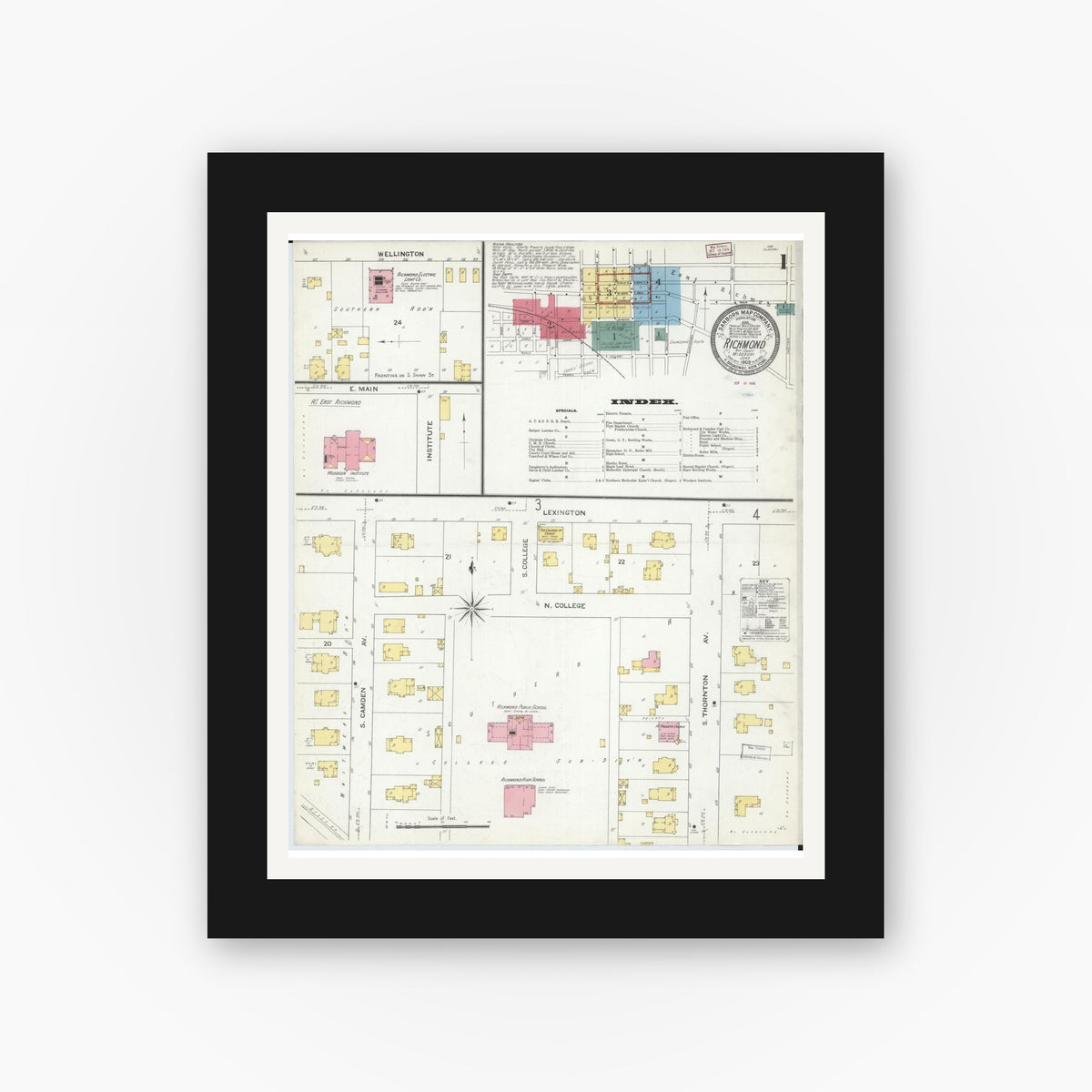 Old map wall art mockup — black gallery frame with white mat — Sanborn Fire Insurance Map from Richmond, Ray County, Missouri (1909) - Complete Map Set