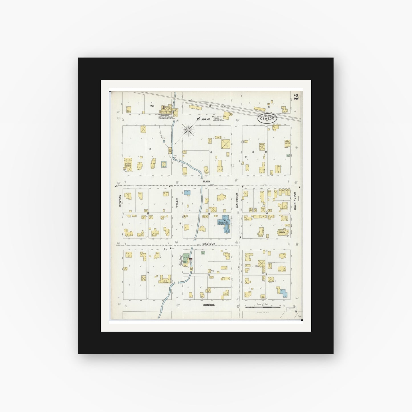 Old map wall art mockup — black gallery frame with white mat — Sanborn Fire Insurance Map from Oswego, Kendall County, Illinois (1898), Sheet #0002