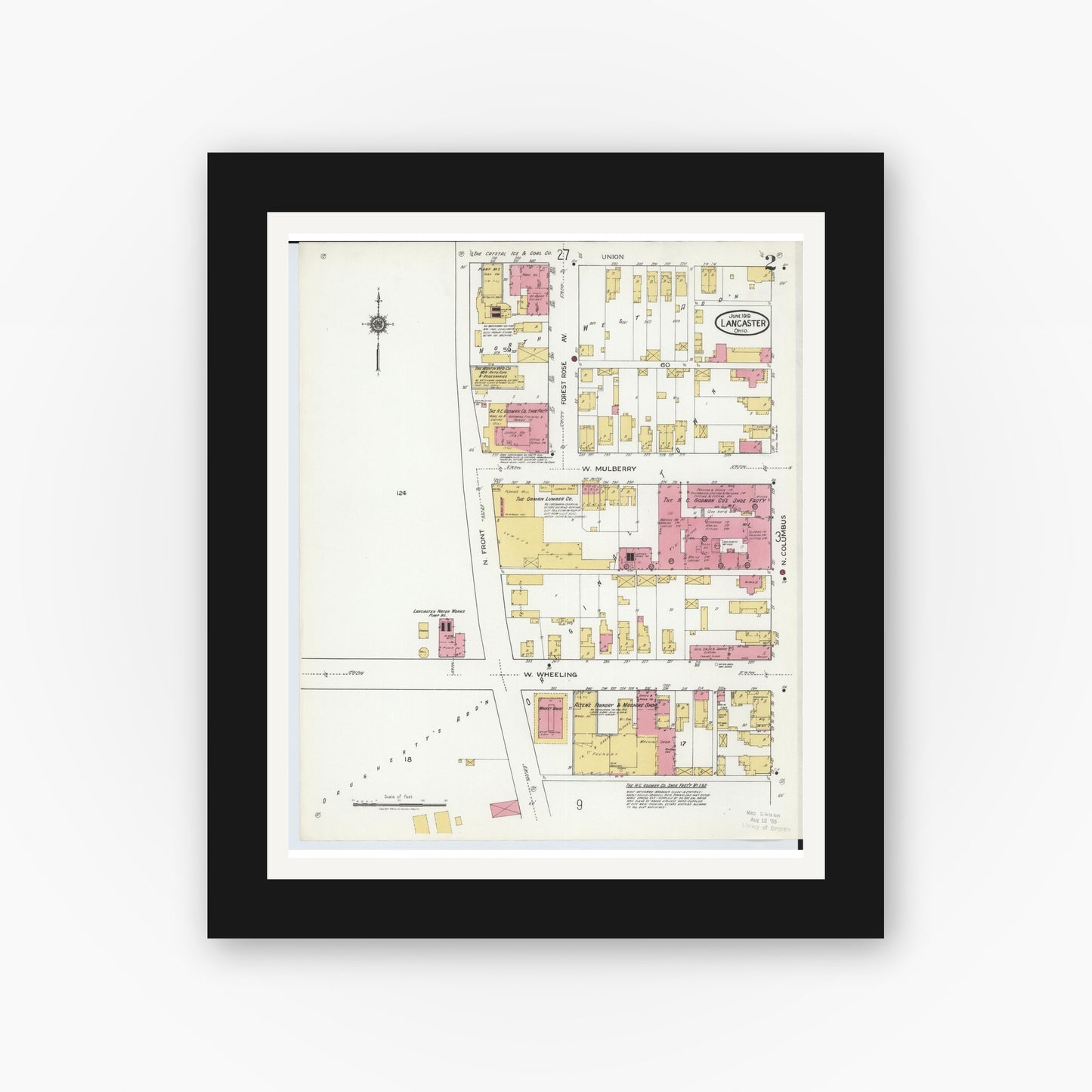 Old map wall art mockup — black gallery frame with white mat — Sanborn Fire Insurance Map from Lancaster, Fairfield County, Ohio (1919), Sheet #0002