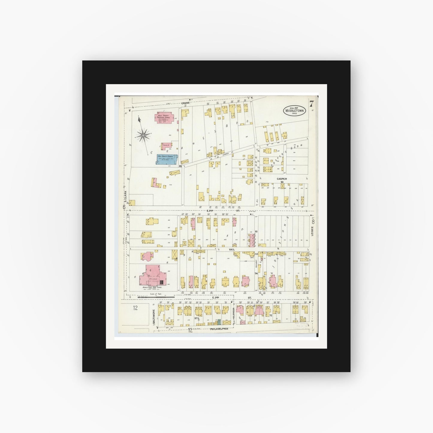 Old map wall art mockup — black gallery frame with white mat — Sanborn Fire Insurance Map from Middletown, Butler County, Ohio (1907), Sheet #0007