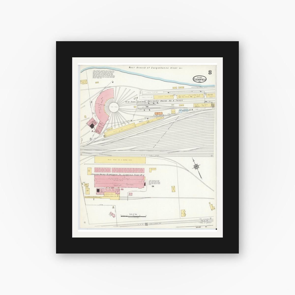 Old map wall art mockup — black gallery frame with white mat — Sanborn Fire Insurance Map from Clearfield, Clearfield County, Pennsylvania (1917), Sheet #0008